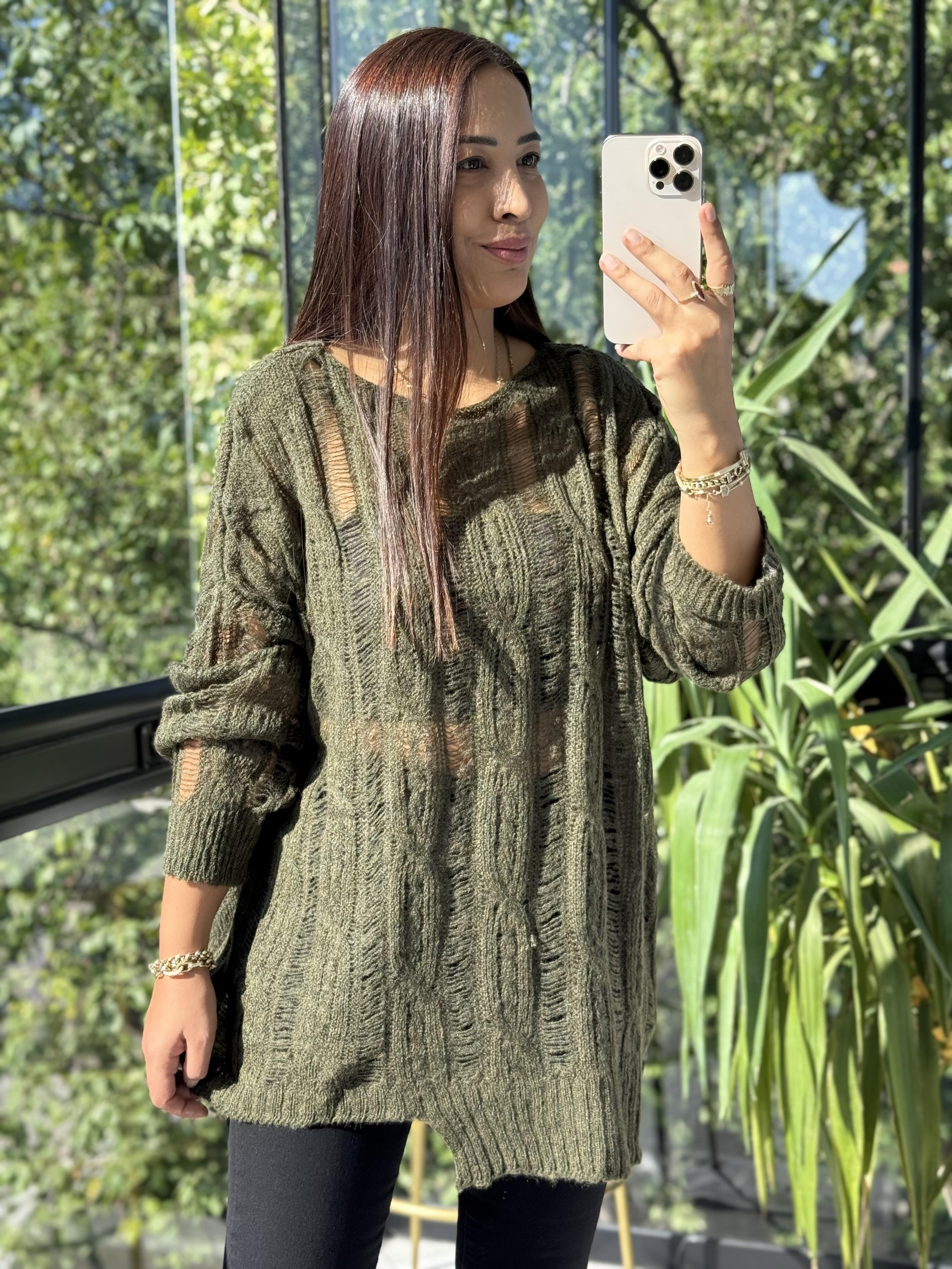 Saç Örgülü Ajurlu Kazak haki Yeşili