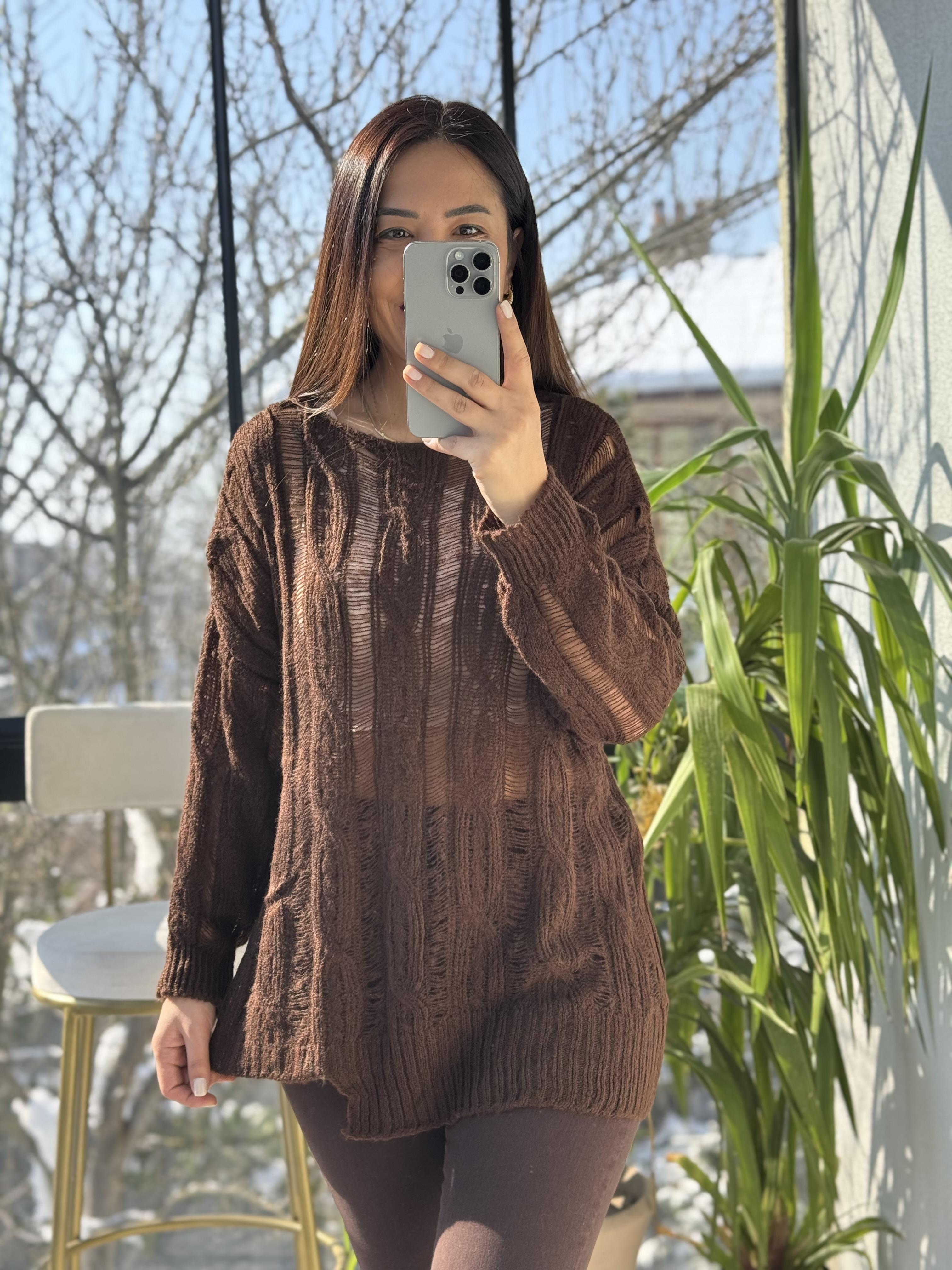 Saç Örgülü Ajurlu Kazak Kahve