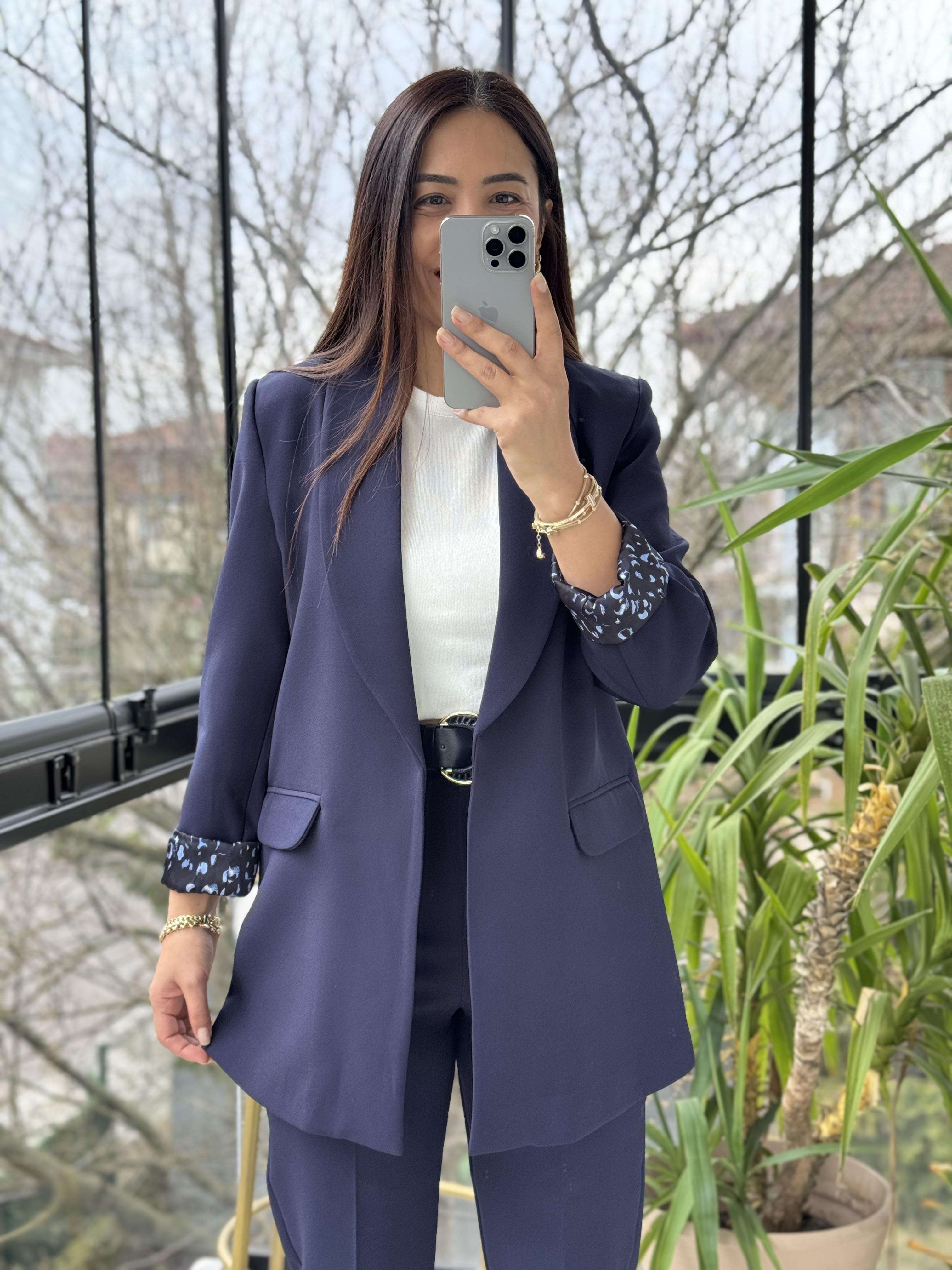 Şal Yaka İçi Leopar Blazer Ceket Lacivert