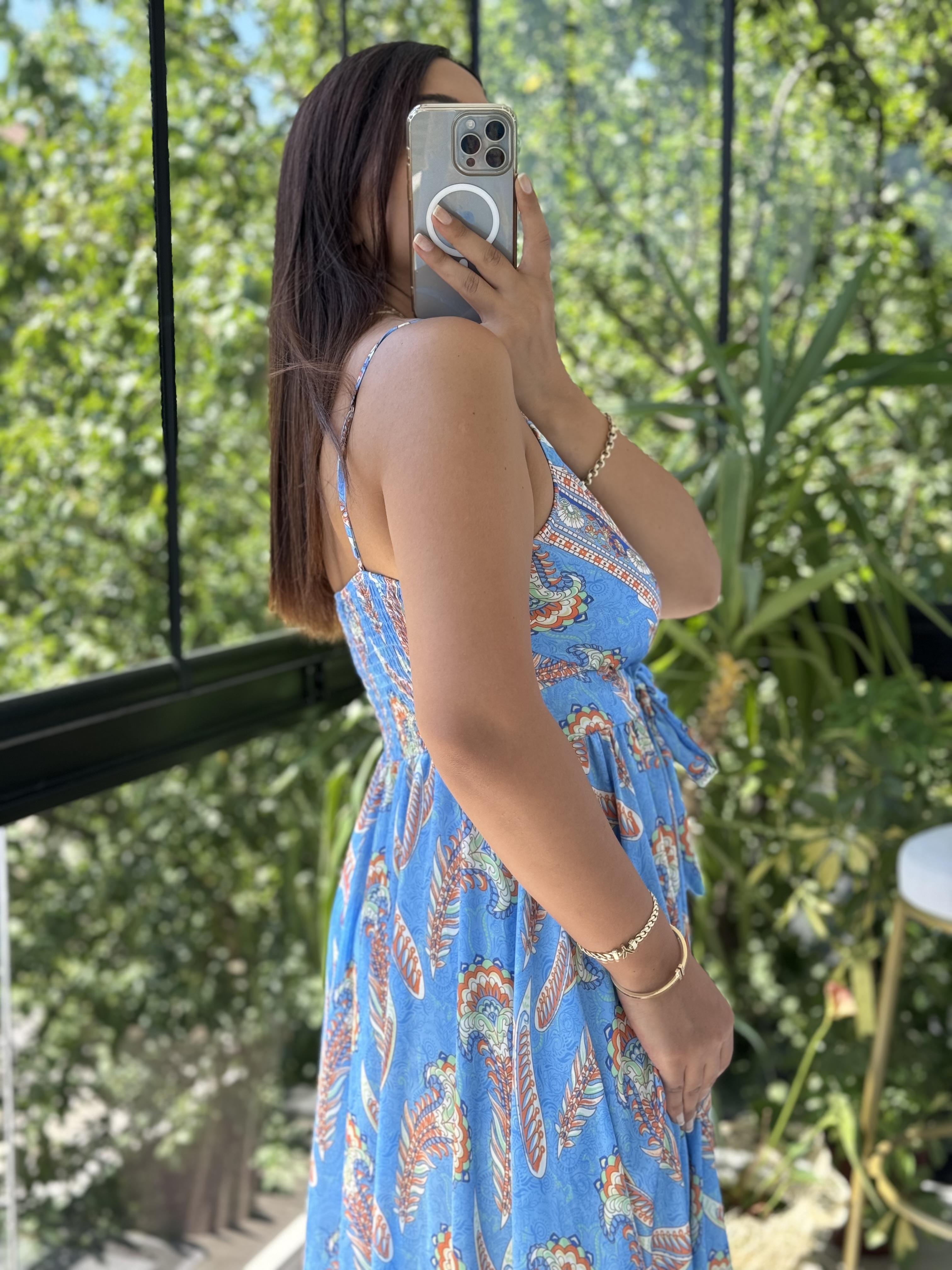 Saten İp Askılı Uzun Elbise Mavi