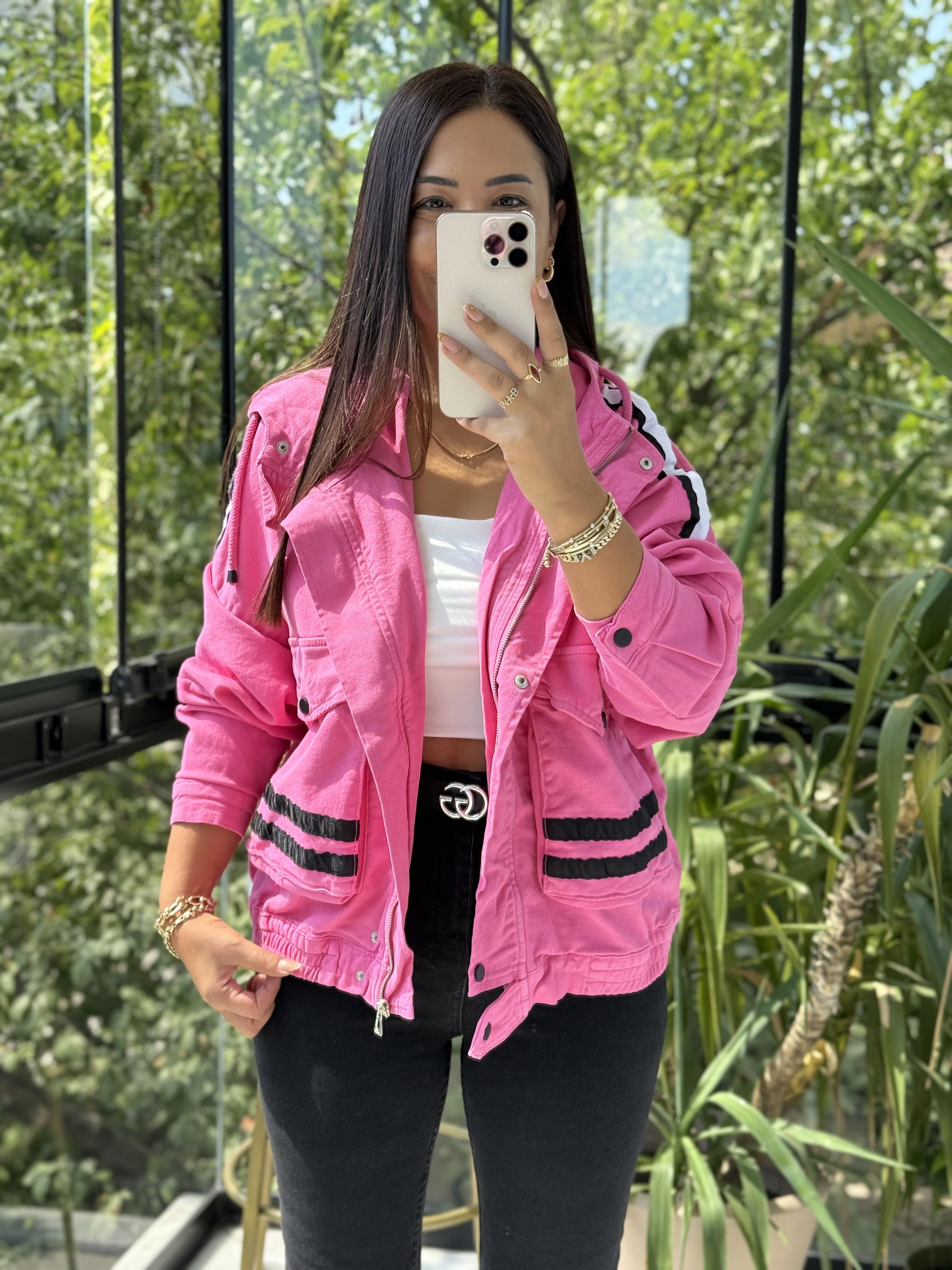 Şeritli Gabardin Ceket Pembe