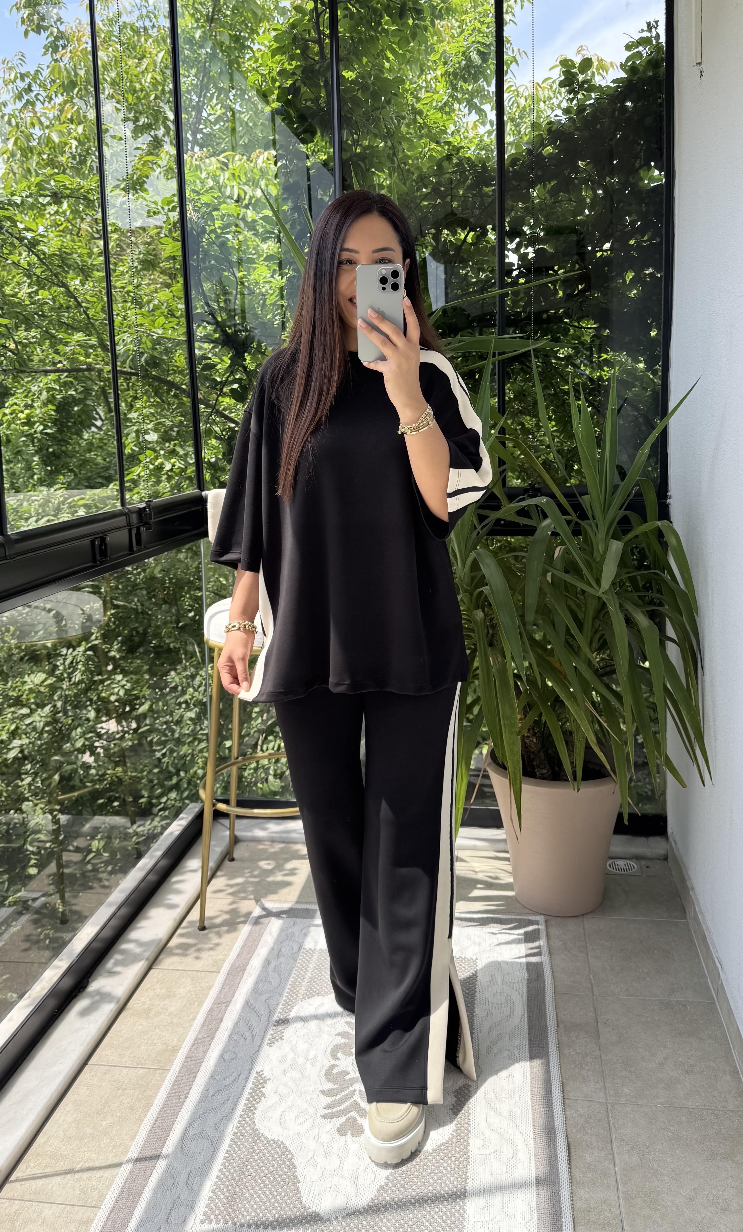 Şeritli Modal Takım Siyah