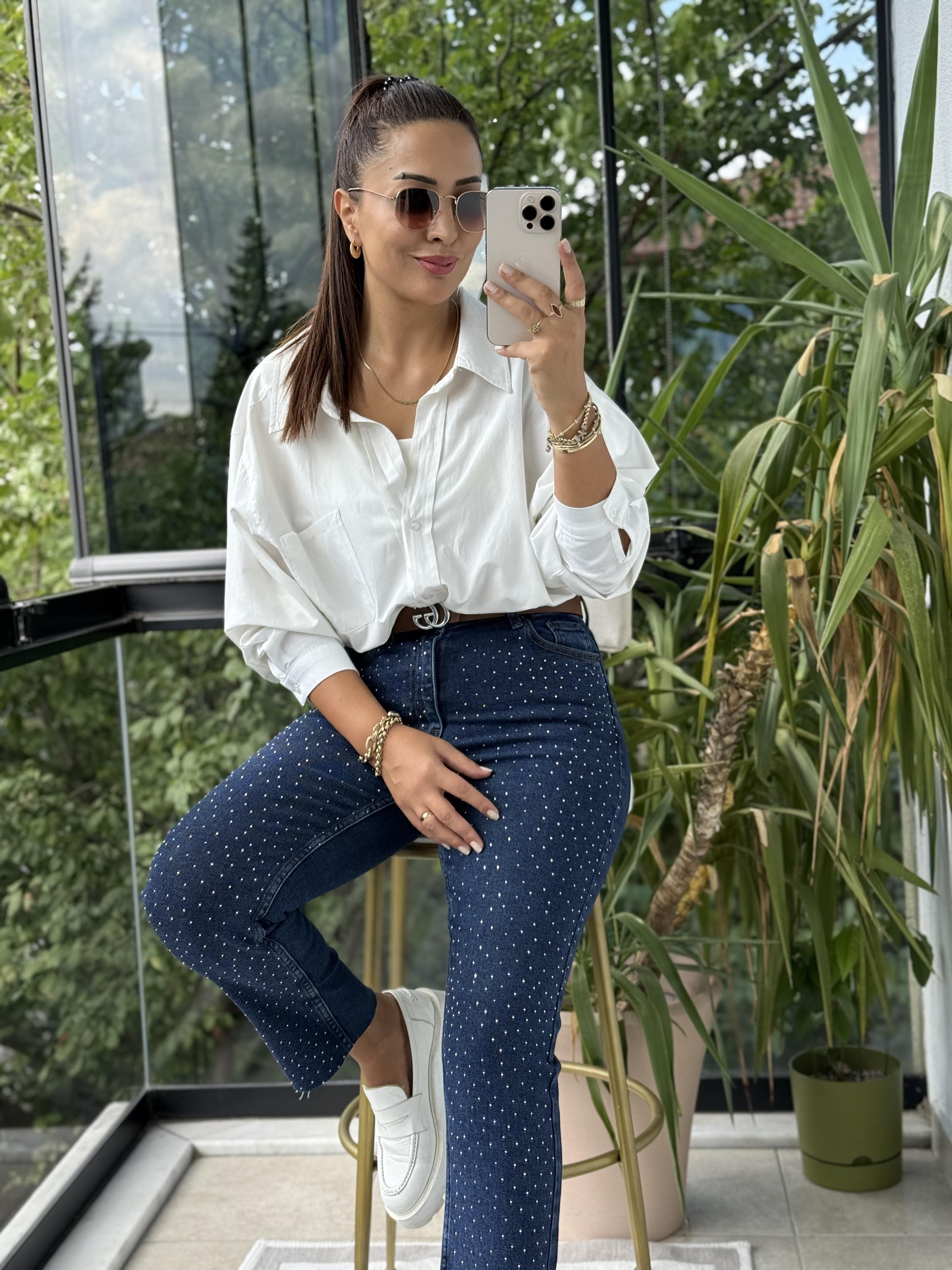 Serpme Taşlı Kesik Paça Jean Lacivert 