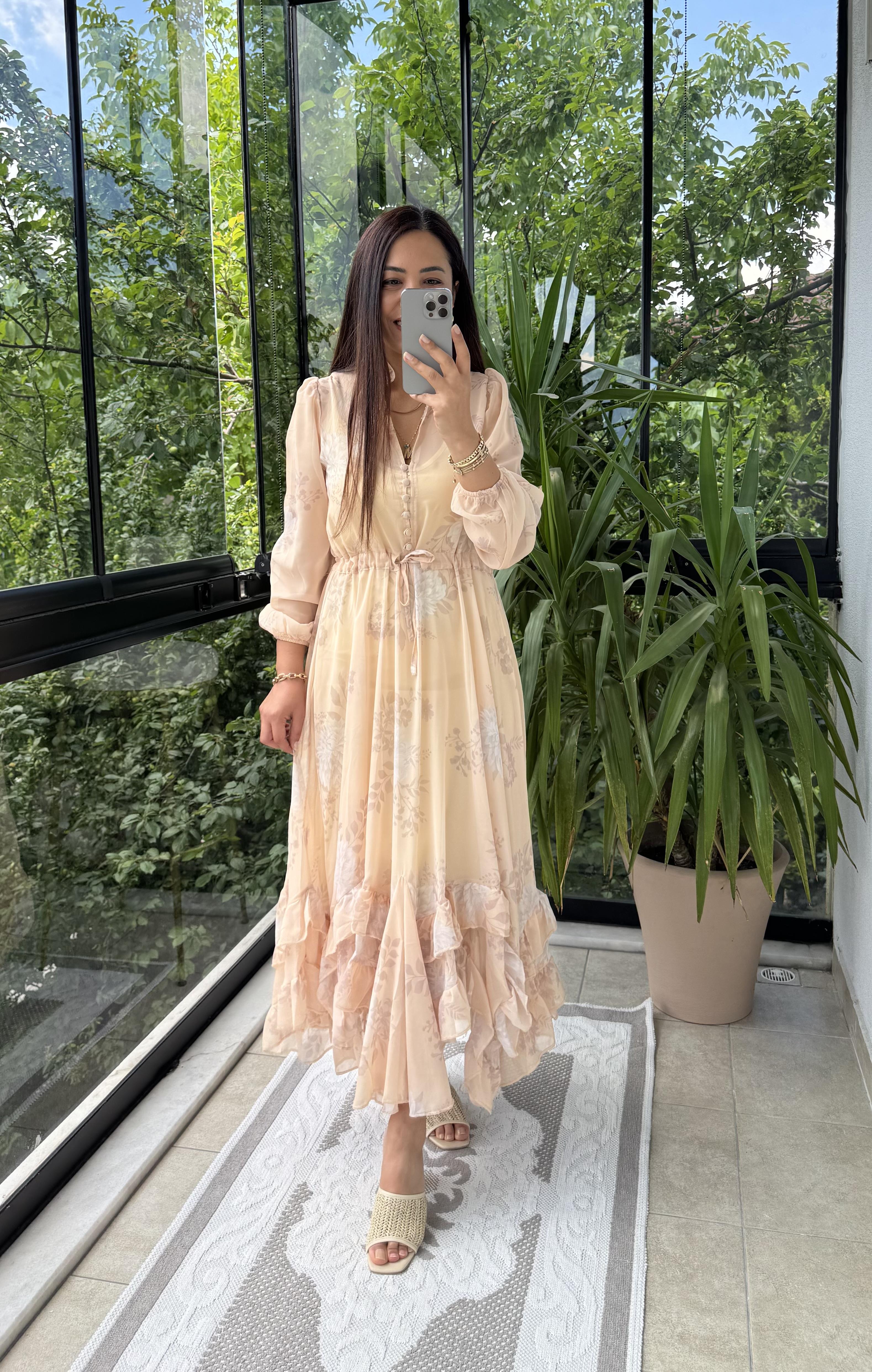 Şifon Uzun Elbise Yavruağzı