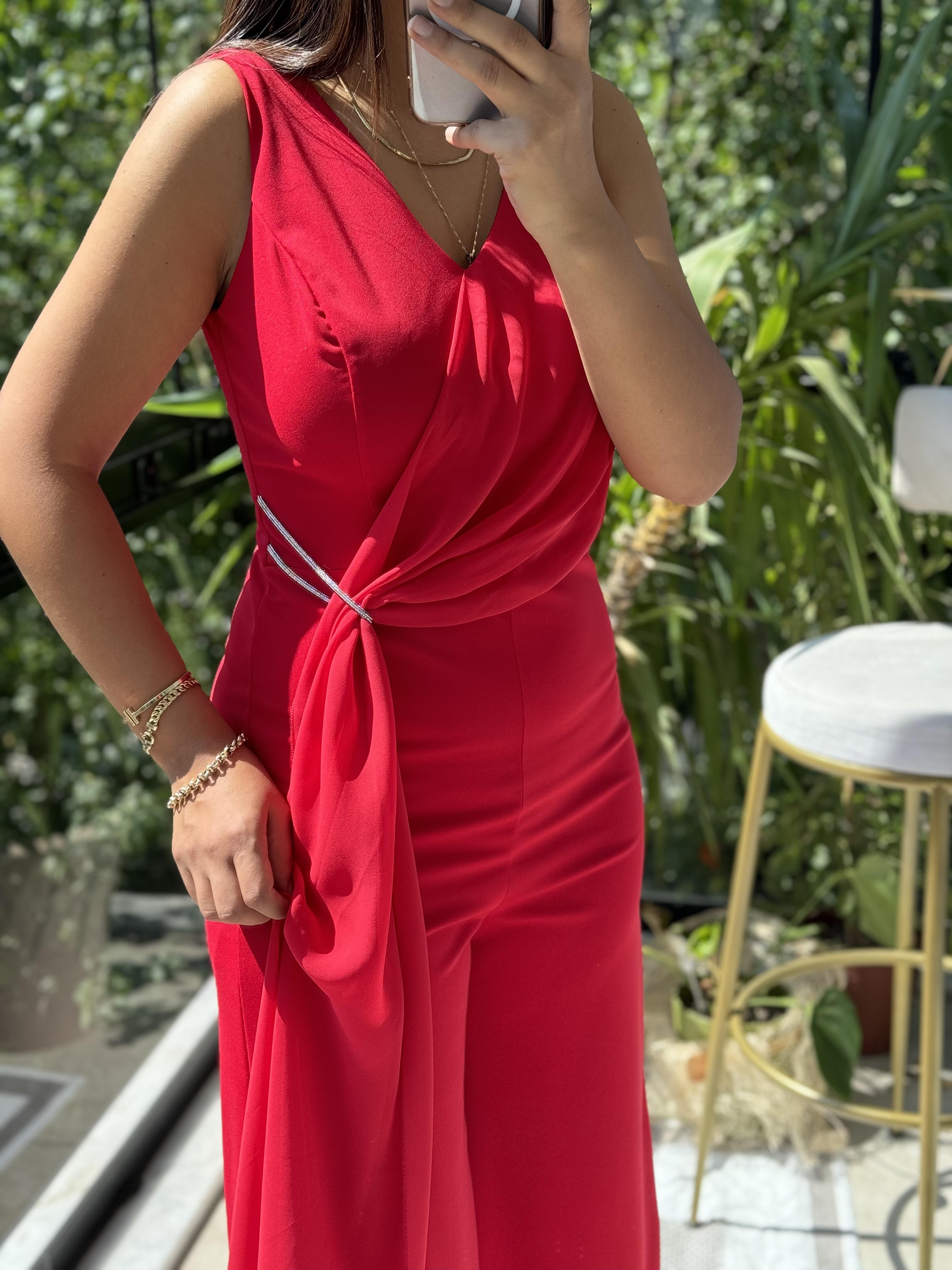 Şifonlu Kolsuz Tulum Kırmızı