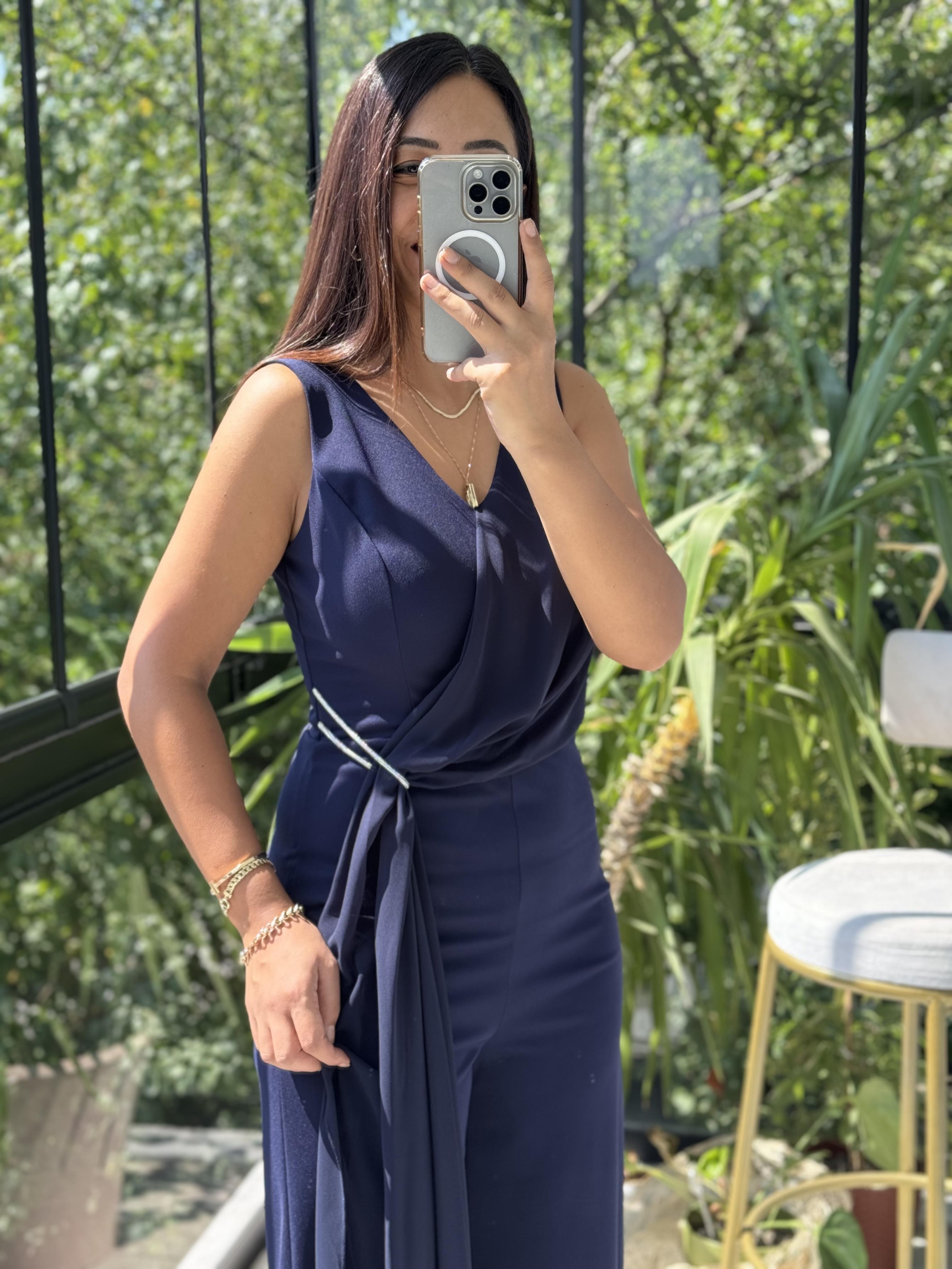 Şifonlu Kolsuz Tulum Lacivert