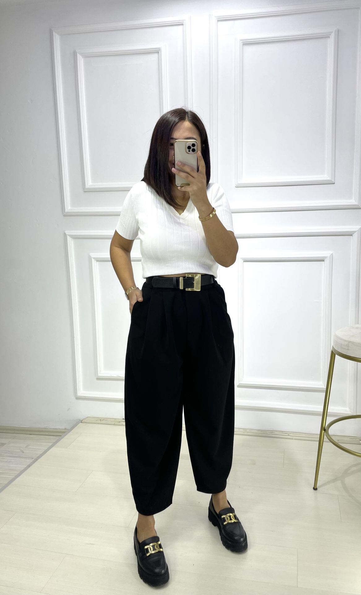 Siyah Şalvar Kesim Tok Crep Kumaş Pantolon