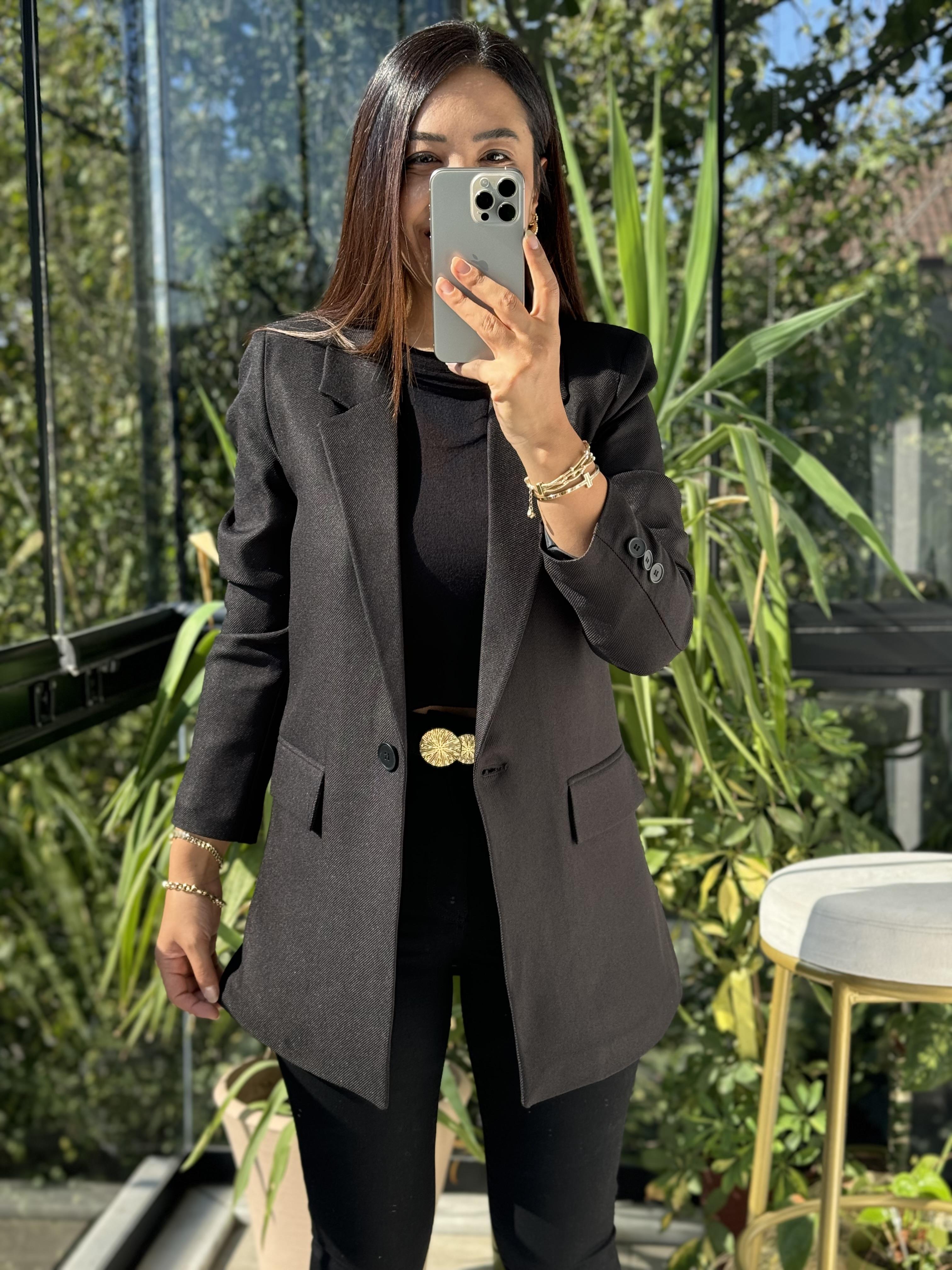 Siyah Yün Efekt Kumaş Blazer Ceket