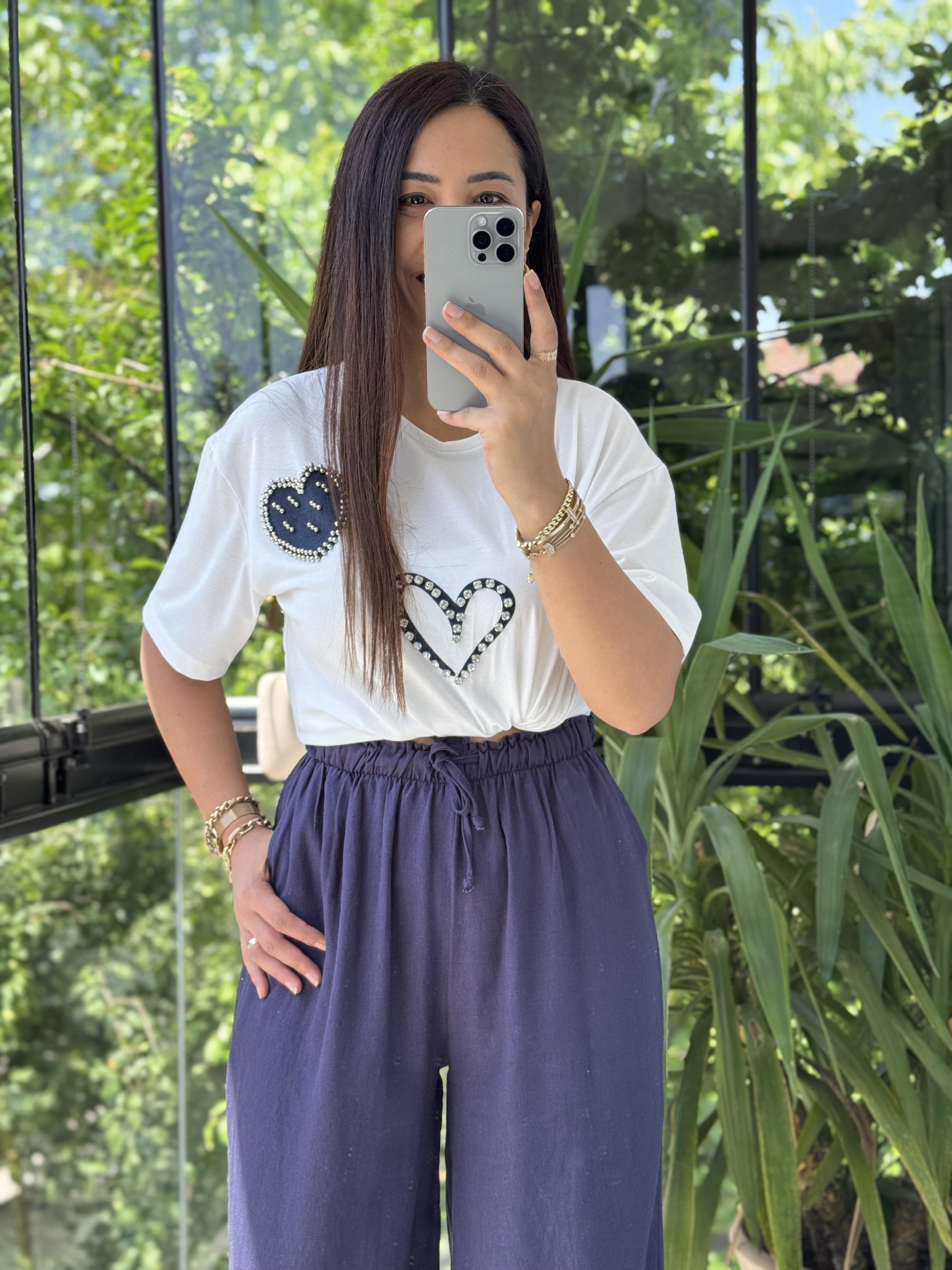 Taş Çakımlı Kalpli Tişört Ekru