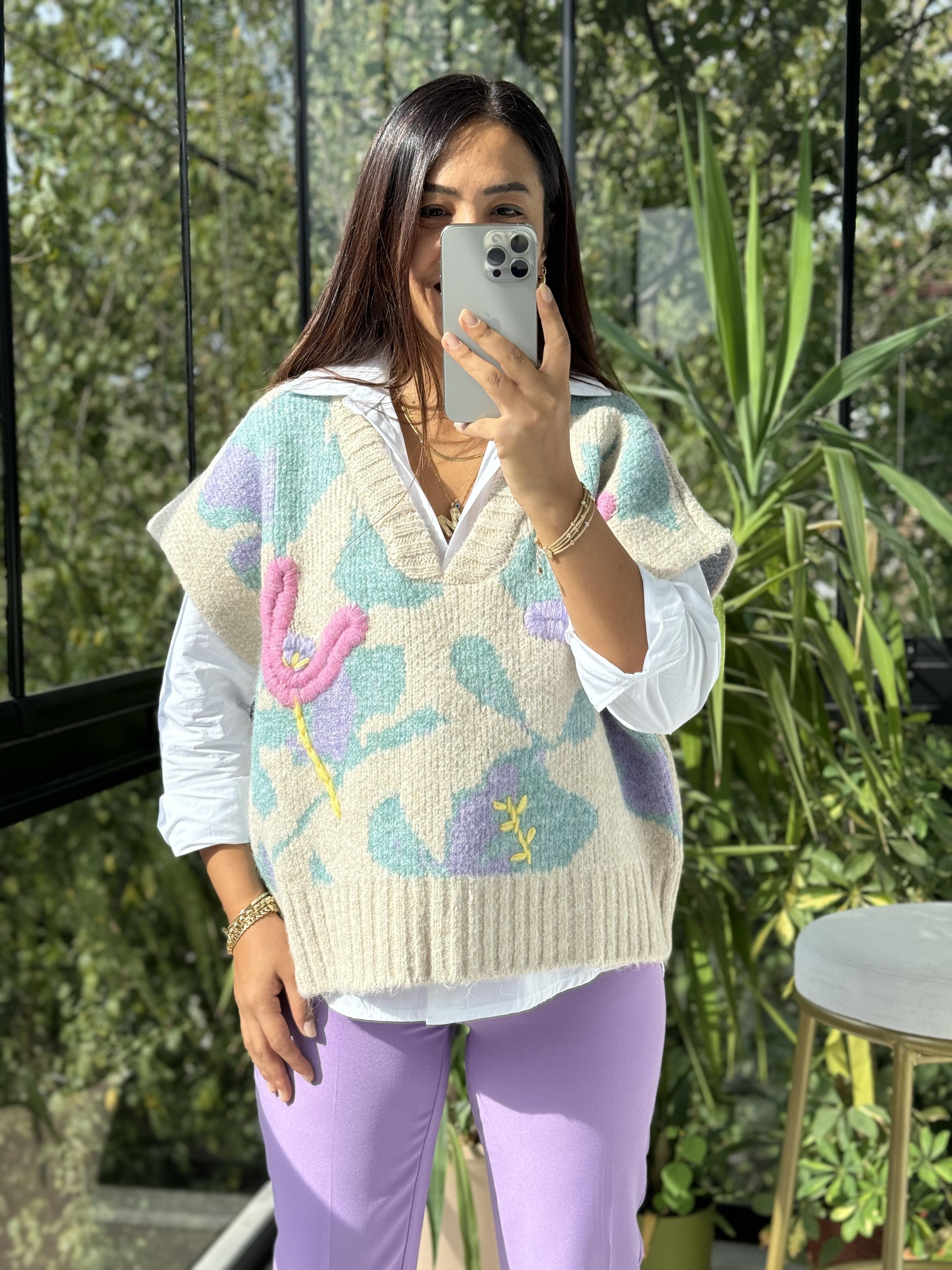 İşlemeli Tasarım Süveter Mint Yeşili (Morlu)