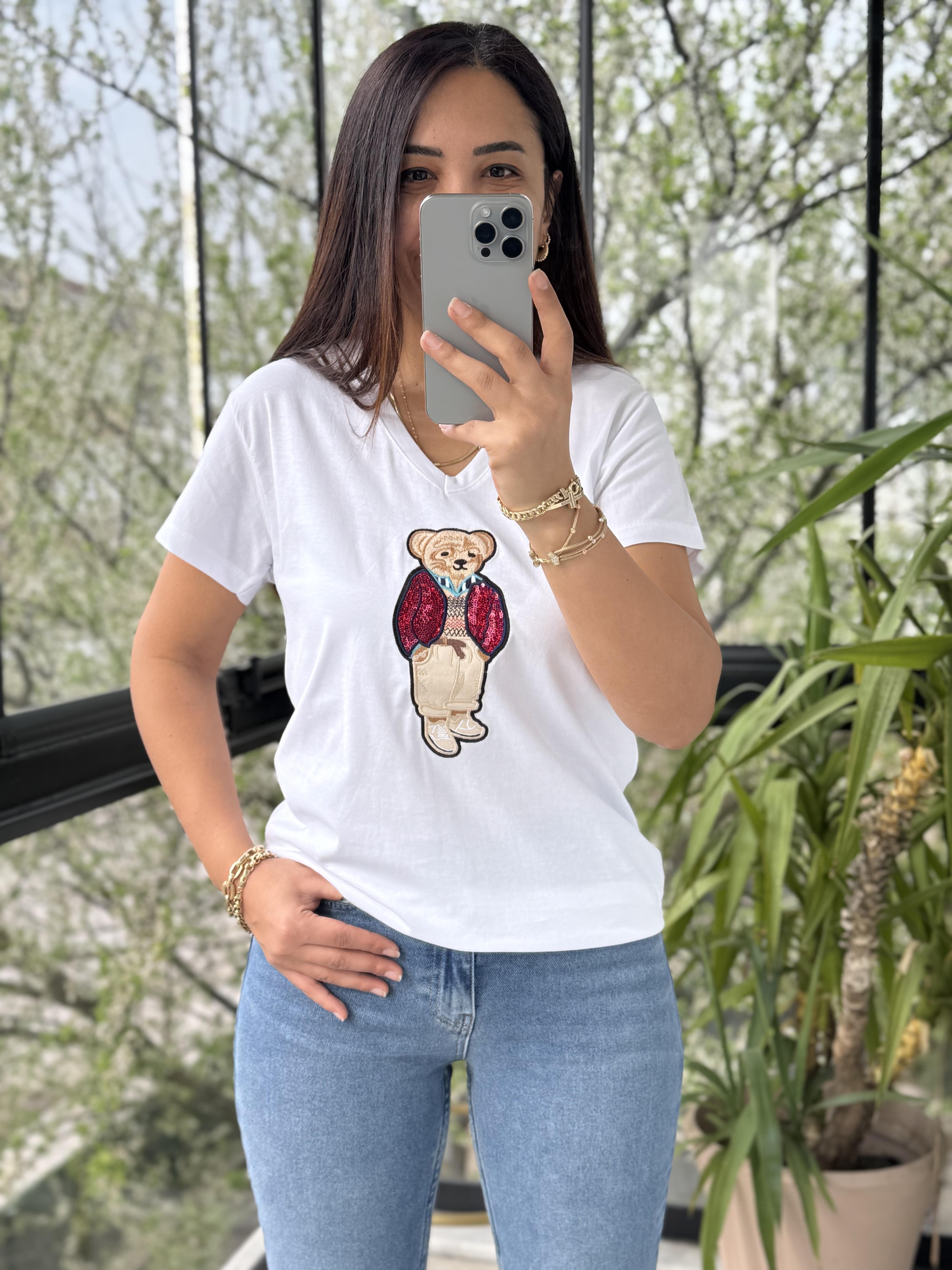 Teddy Nakışlı Tişört Beyaz