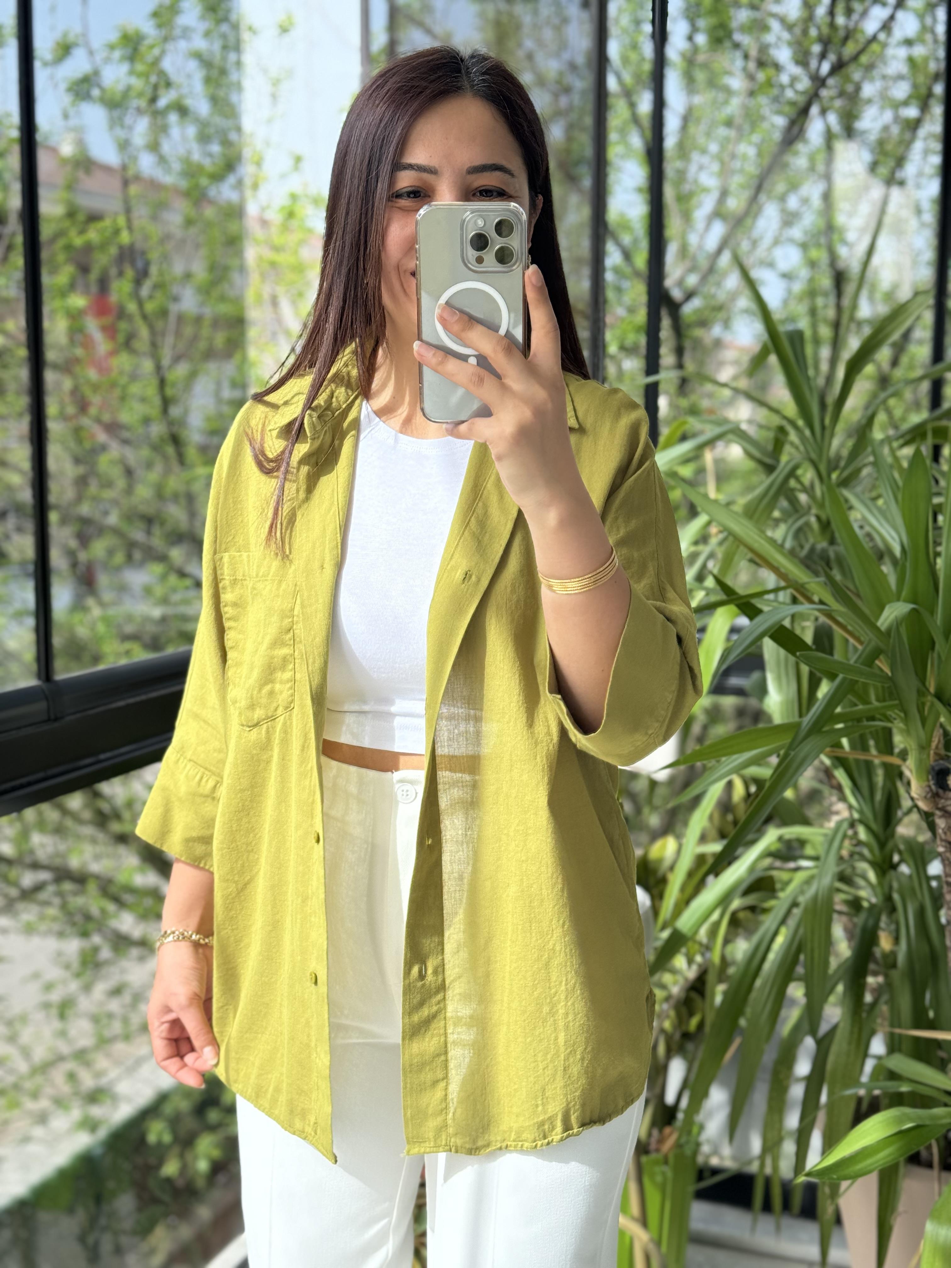 Tek Cep Natural Gömlek Yağ Yeşili