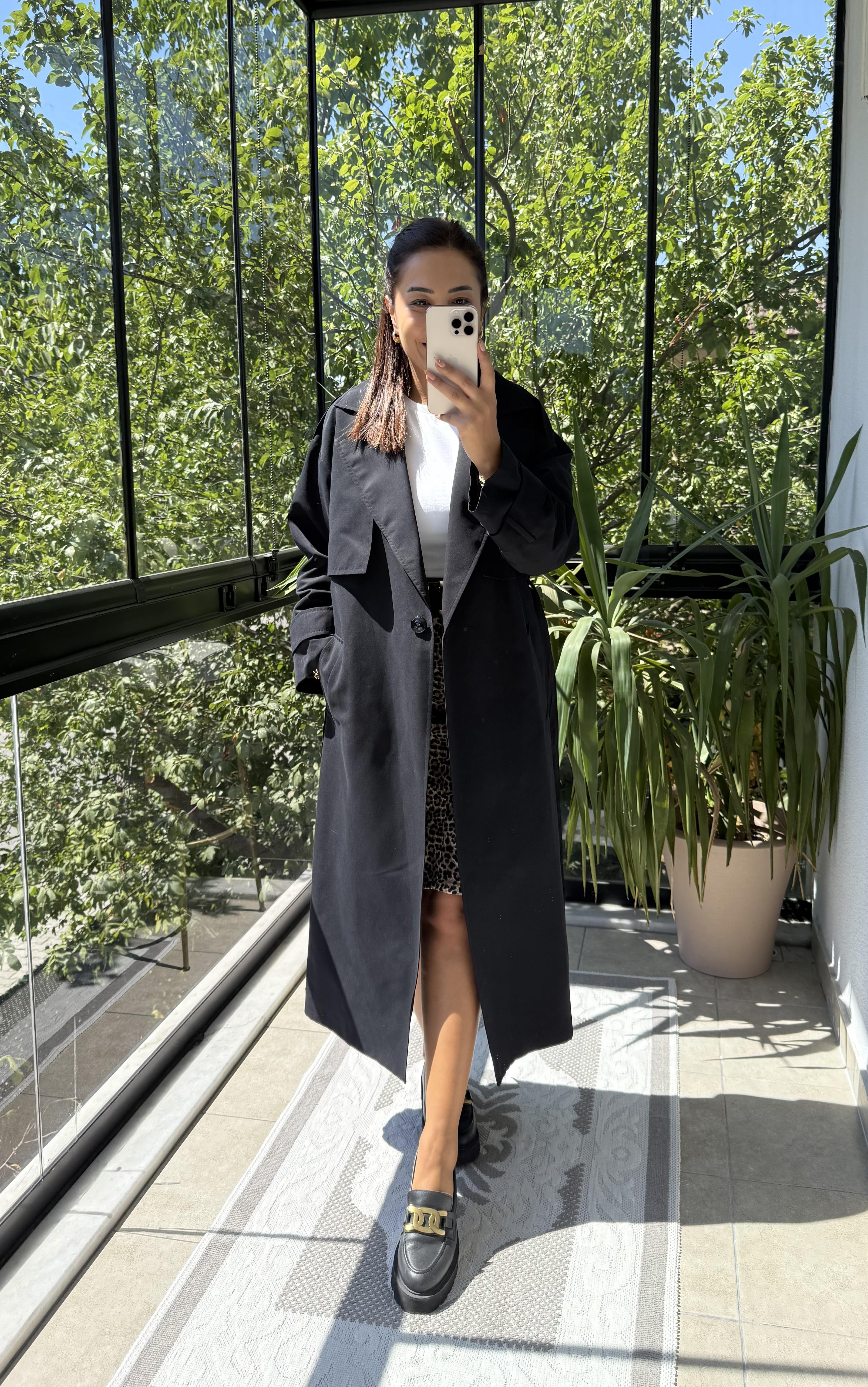 Tek Düğme Kuşaklı Uzun Trenç Siyah 