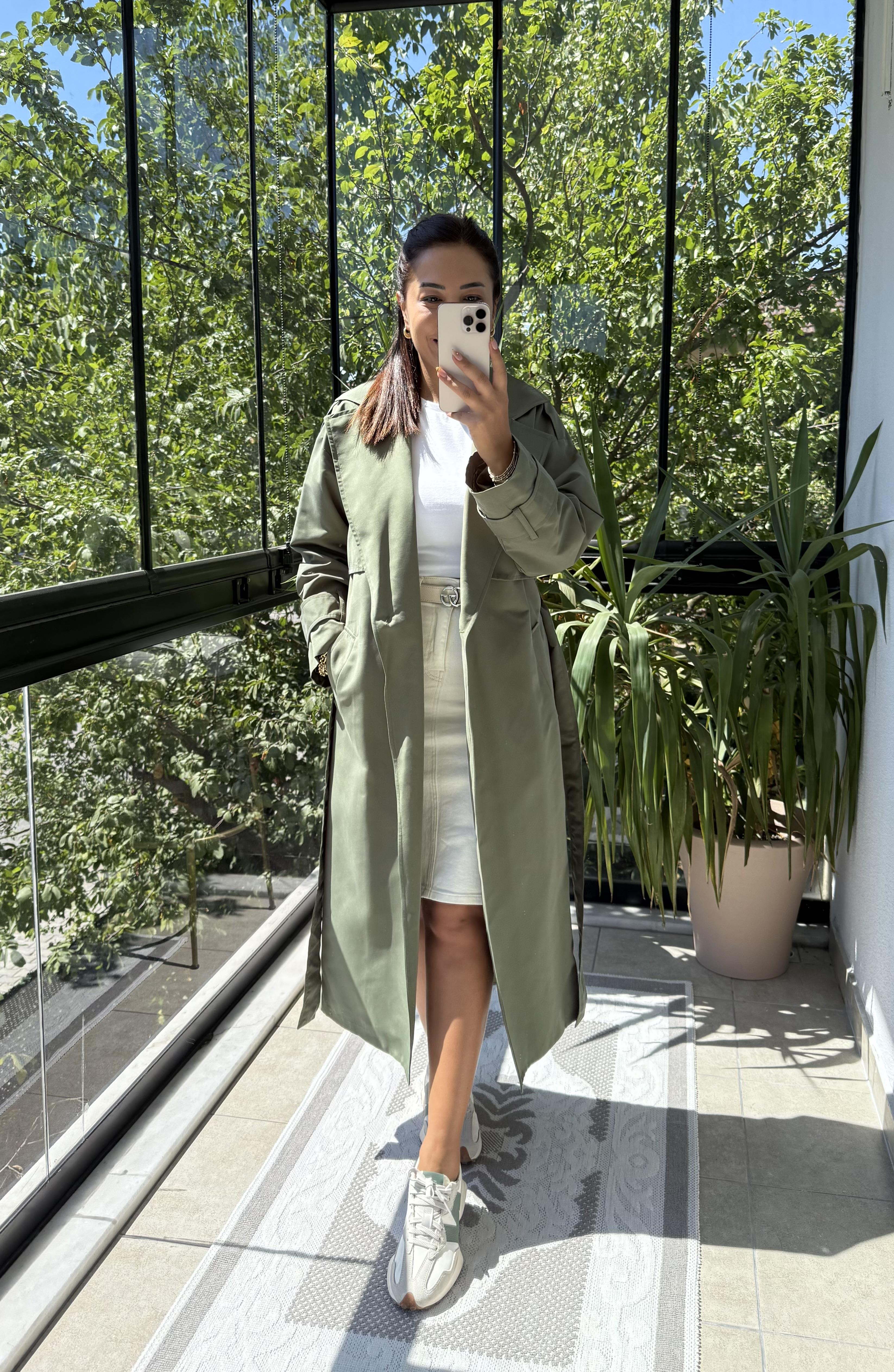 Tek Düğme Kuşaklı Uzun Trenç Yeşil