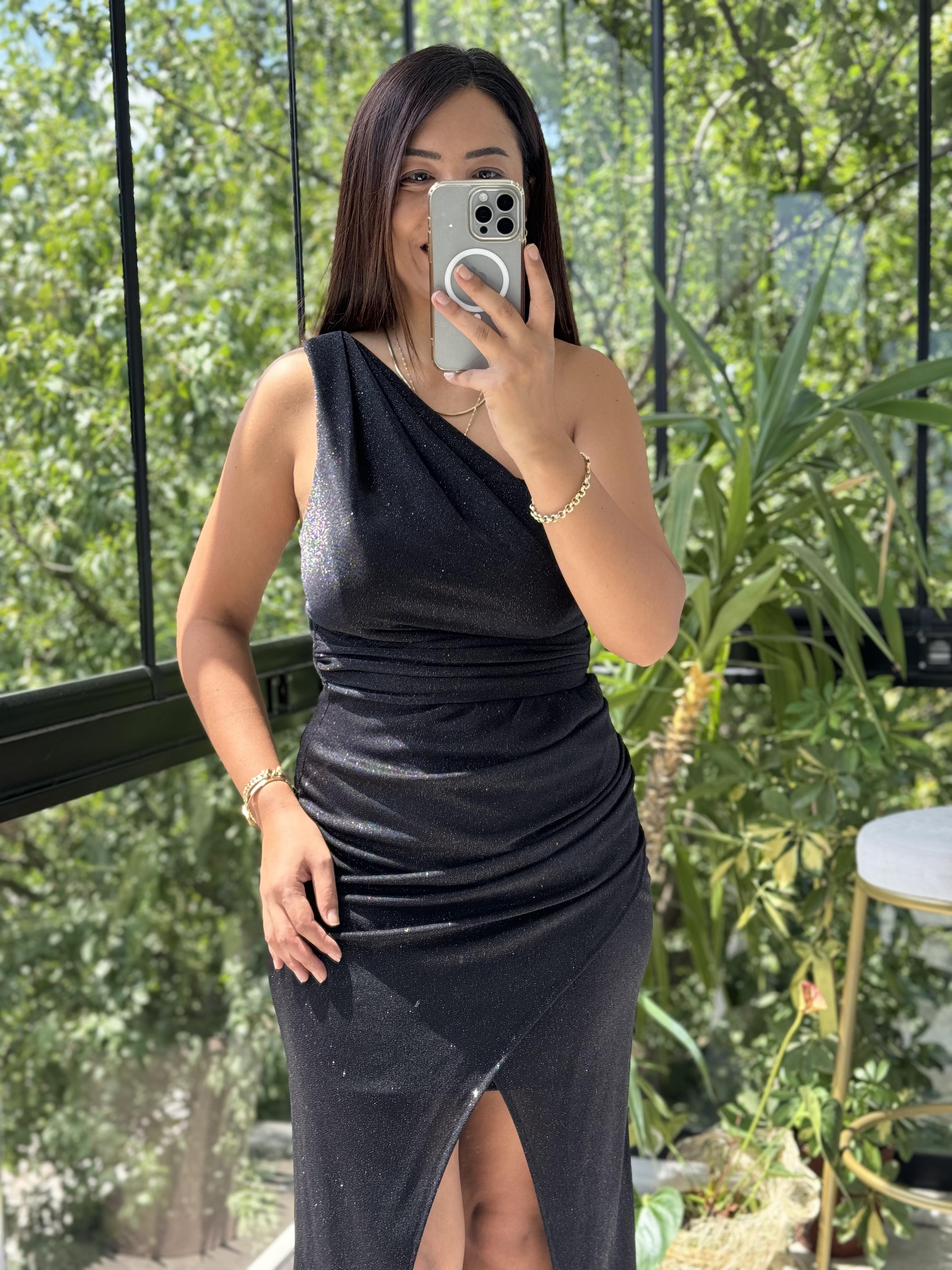 Tek Omuz Pileli Etek Elbise Siyah