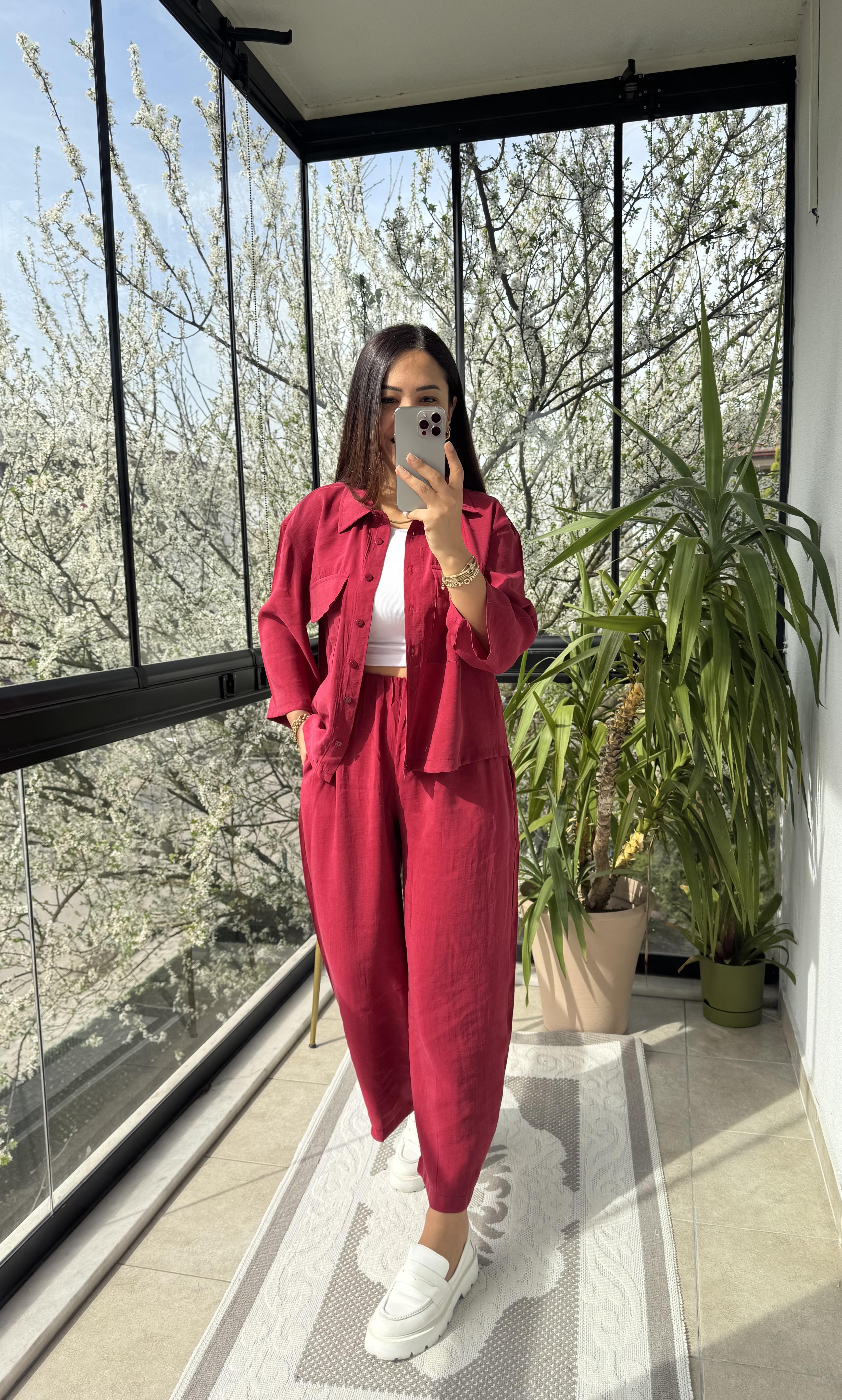 Tensel Cepli Gömlek Takım Bordo