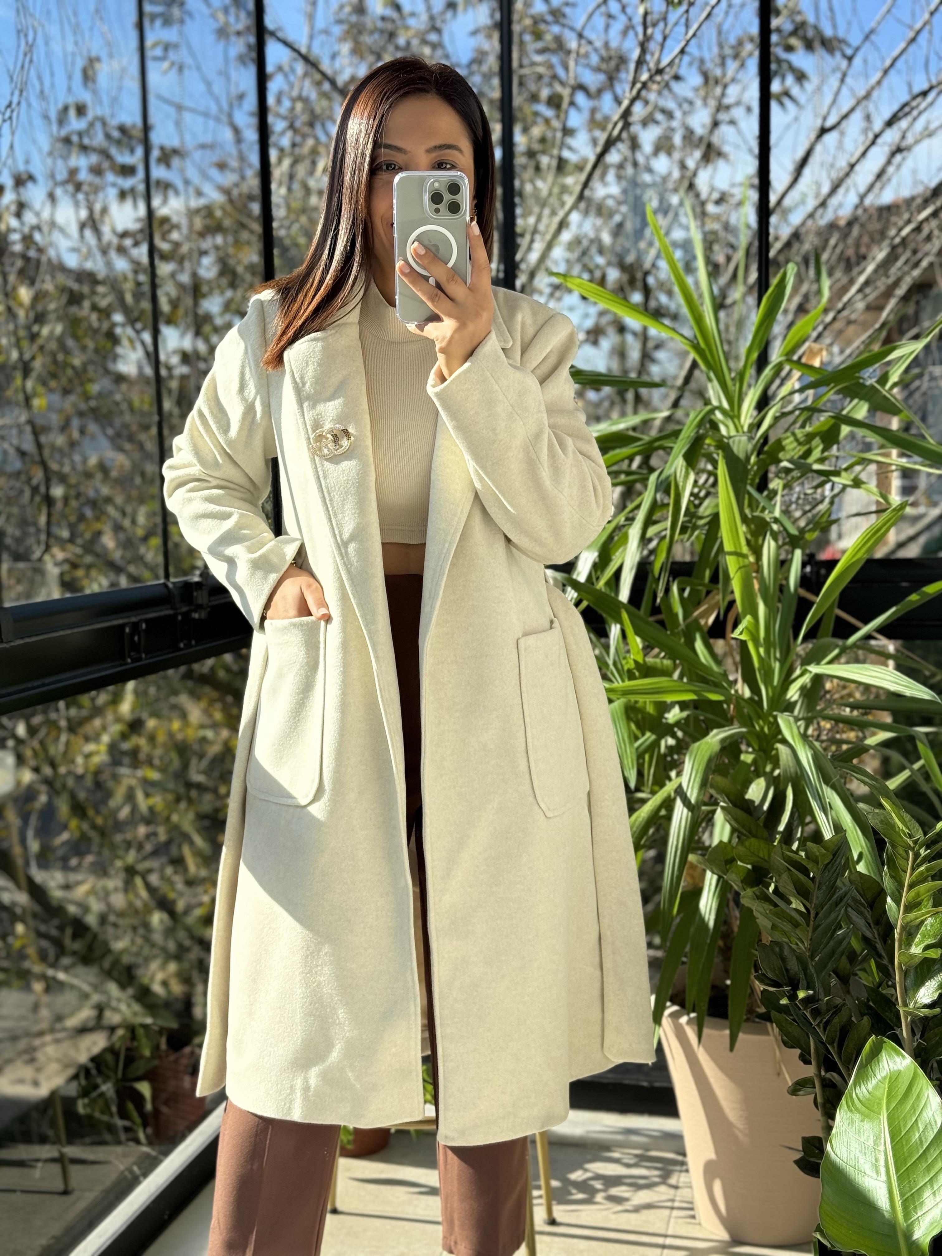 Torba Cep İthal Kumaş Blazer Ceket Krem