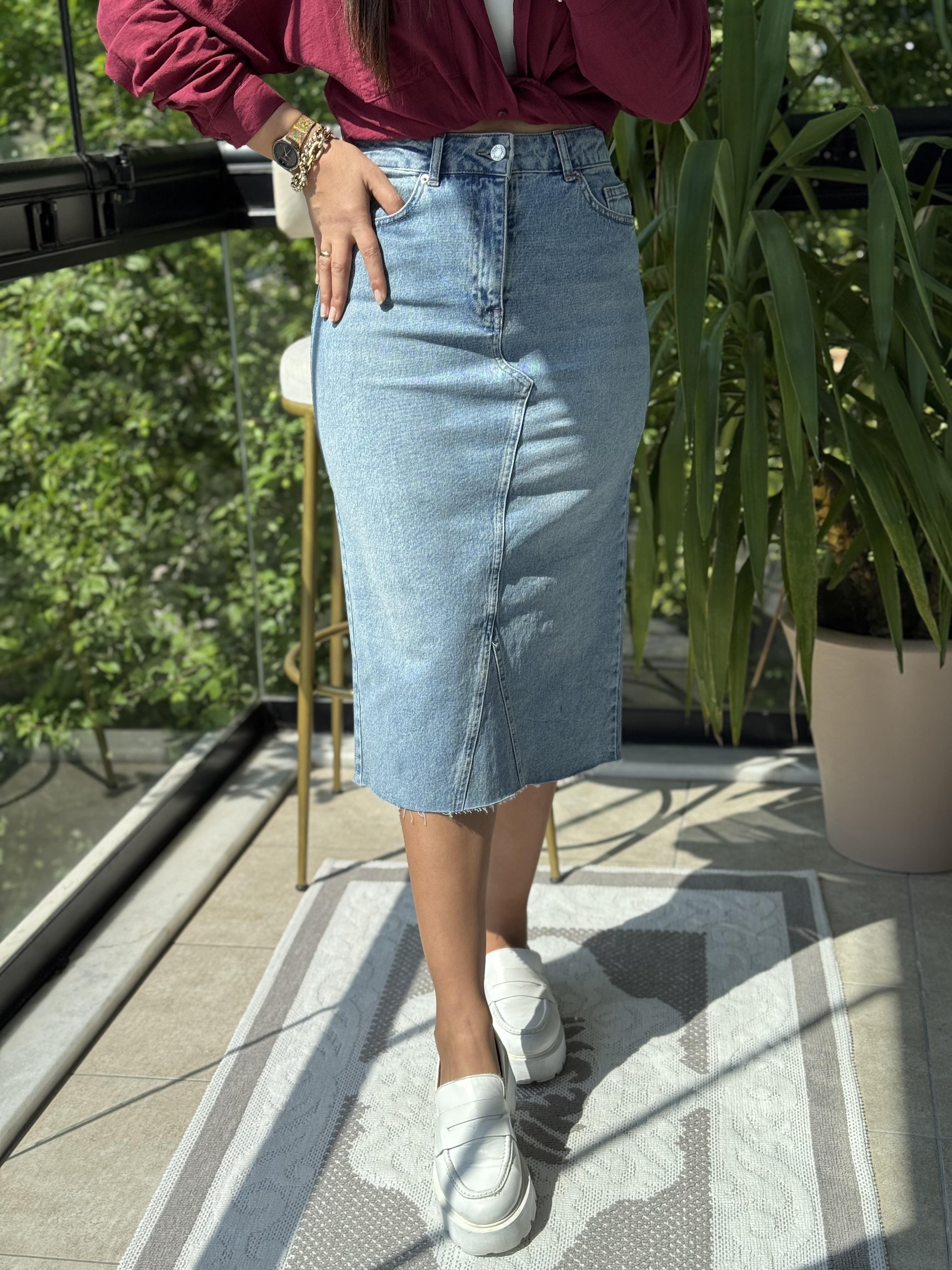 Üçgen Parça Detaylı Etek Mavi