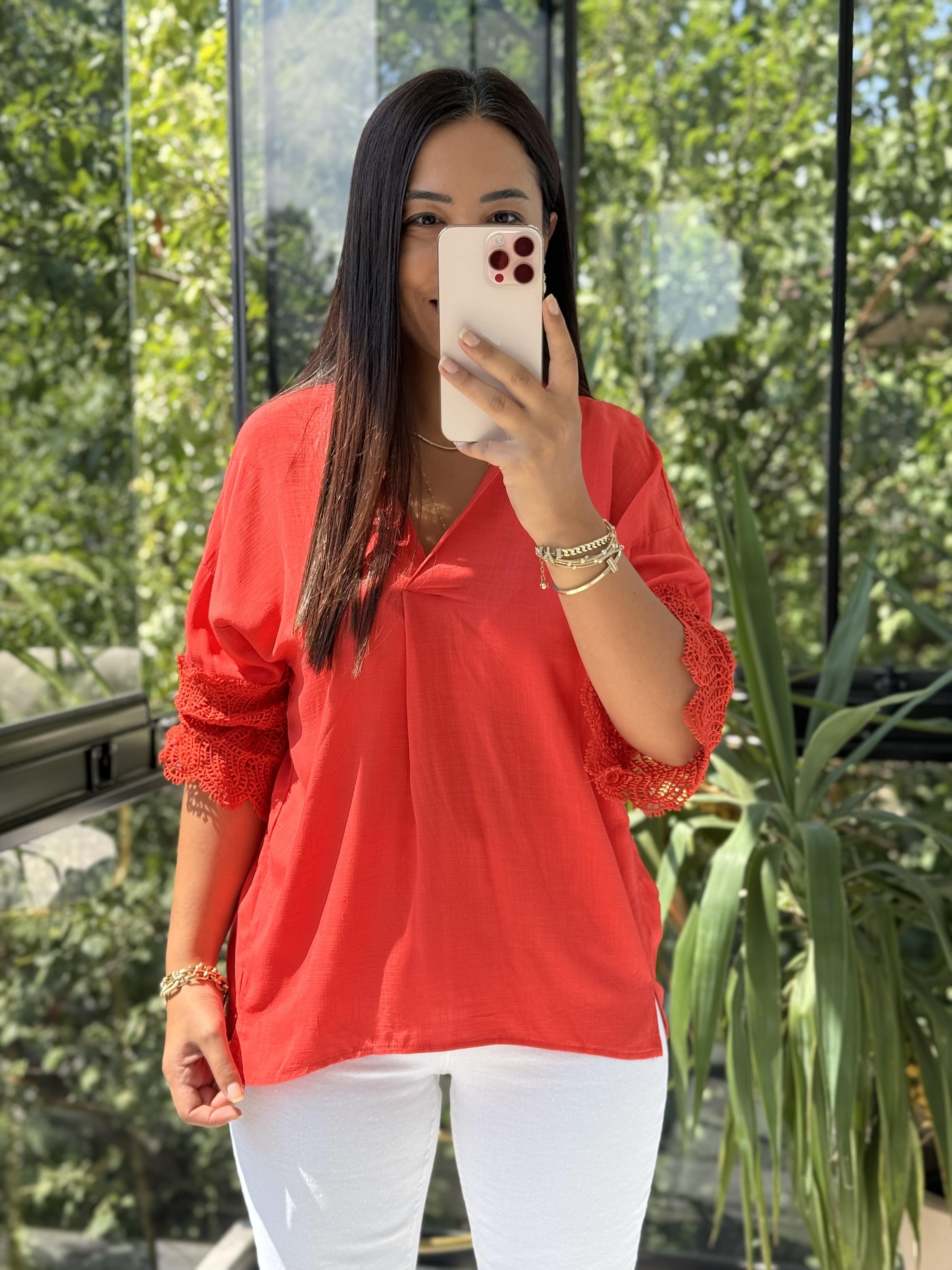 V Yaka Kol Detaylı Bluz Nar Çiçeği