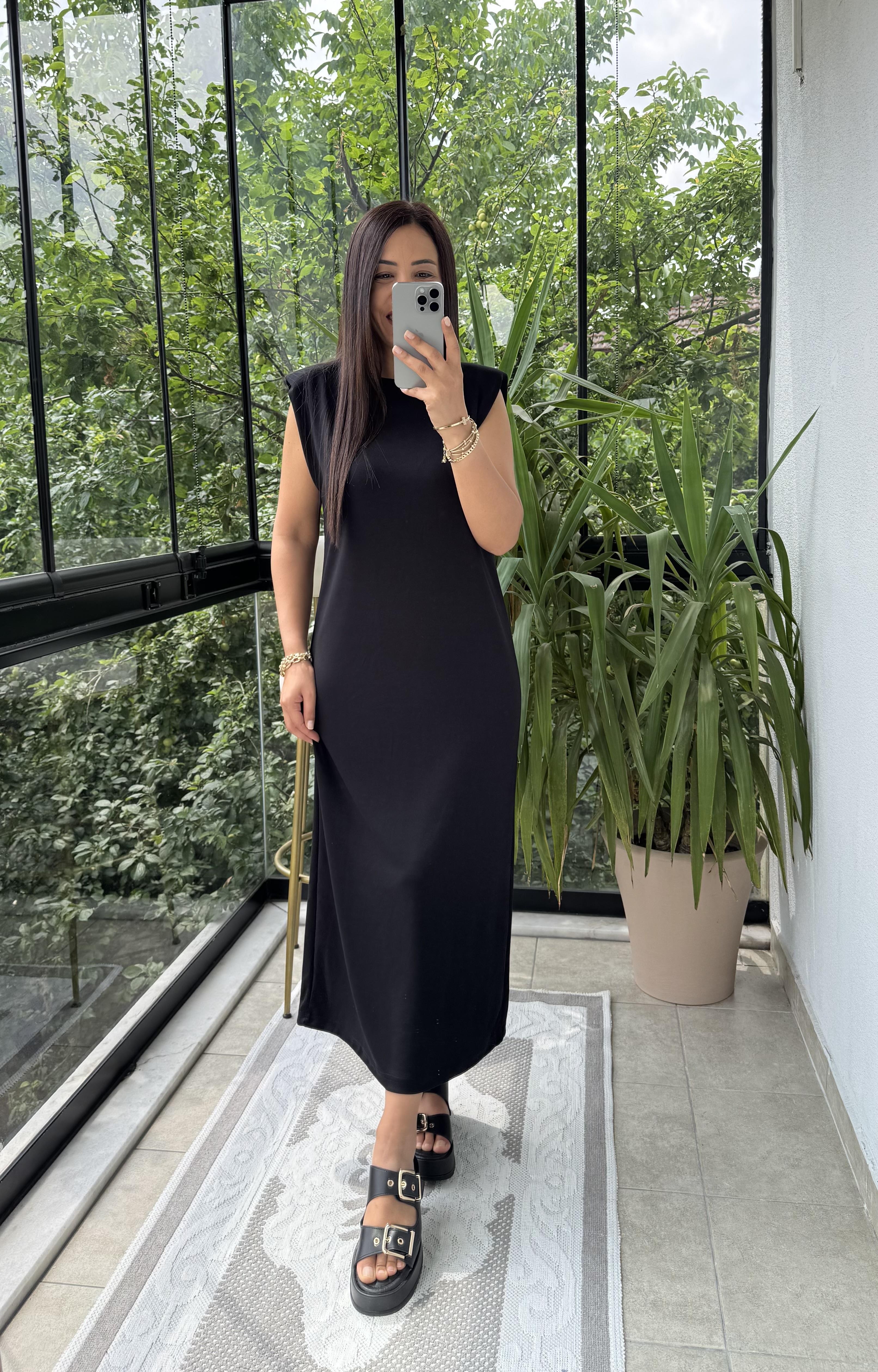 Vatkalı Modal Elbise Siyah