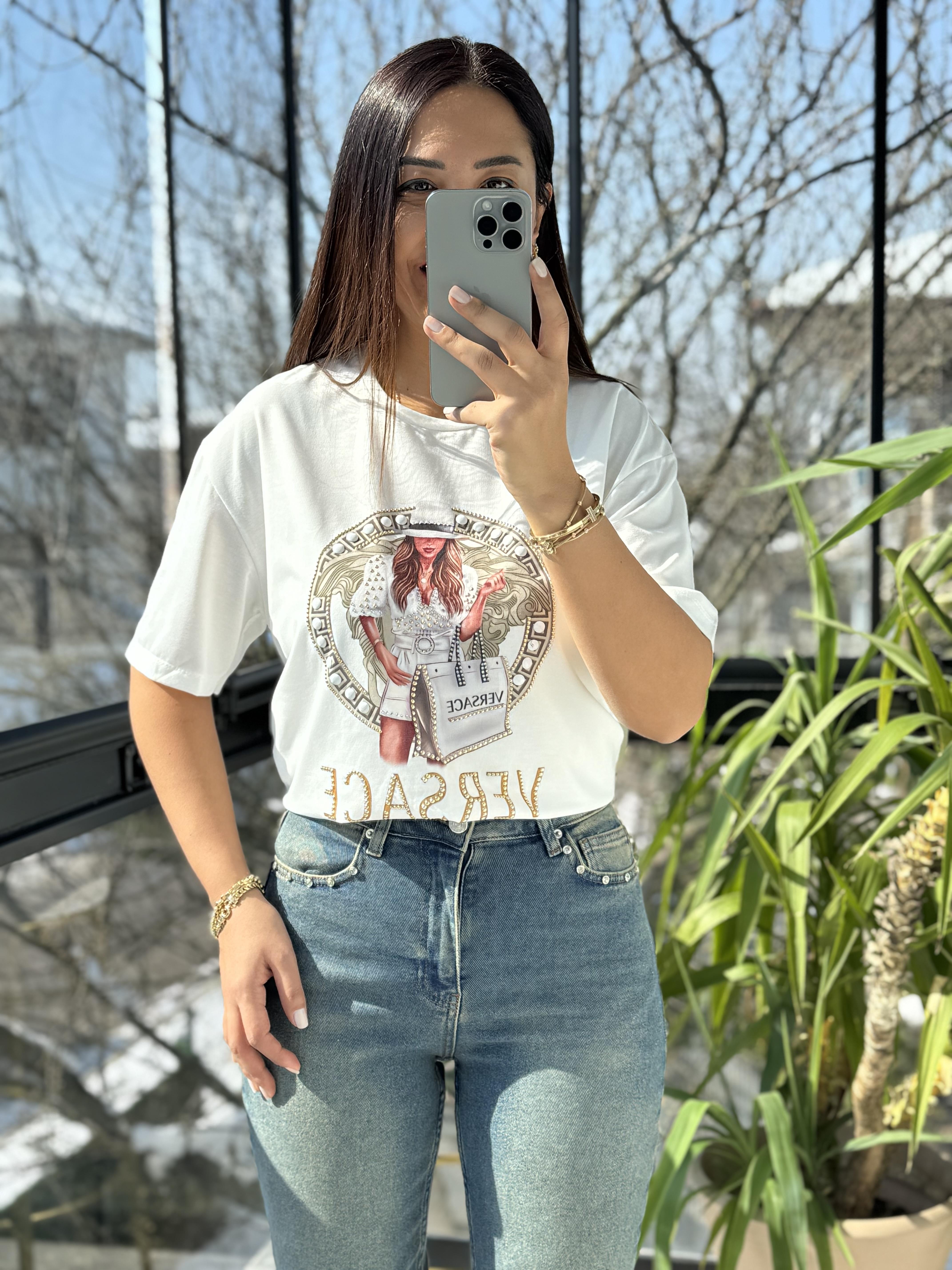 Versage Yazılı Tişört Ekru