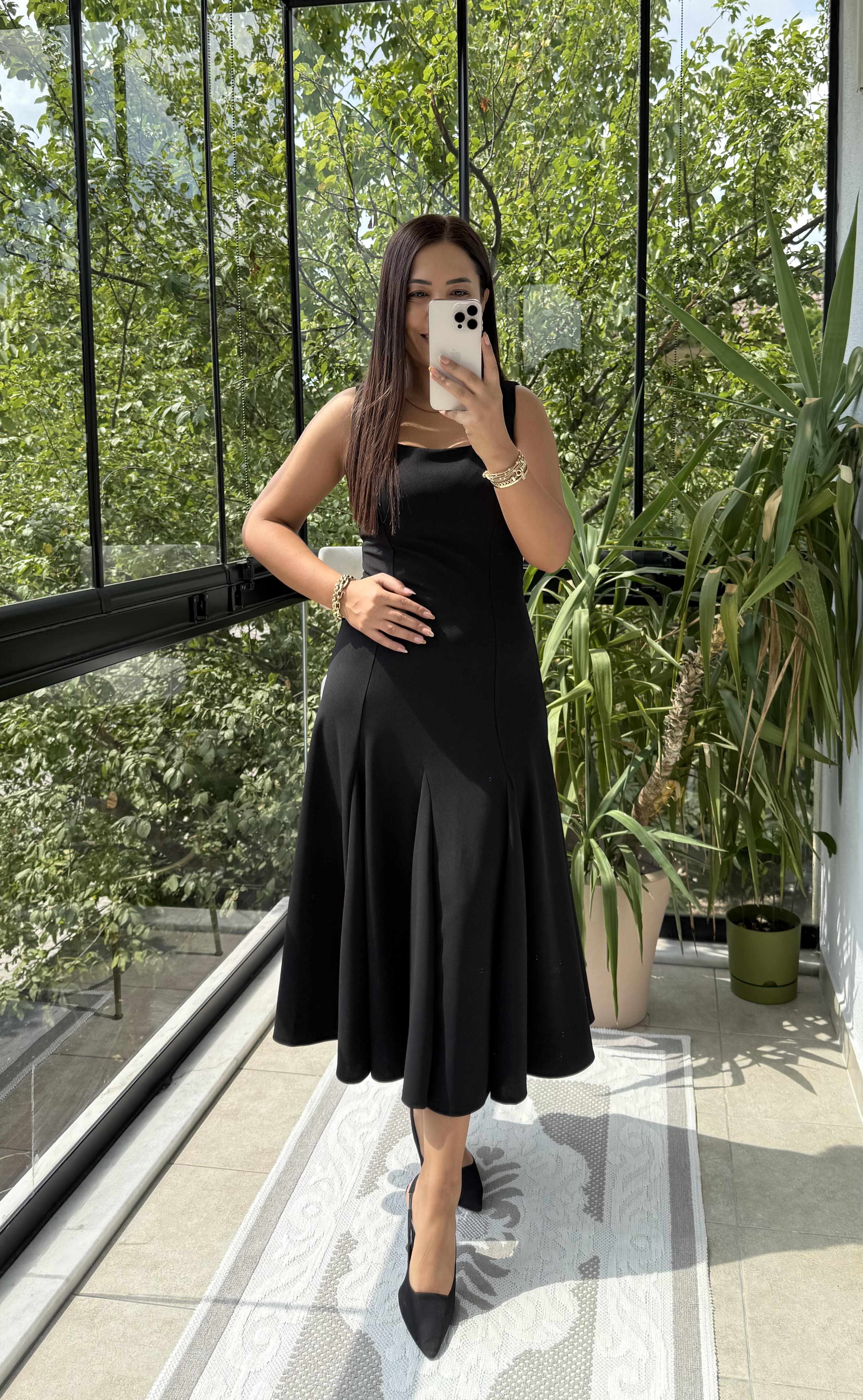 Volanlı Slim Elbise Siyah