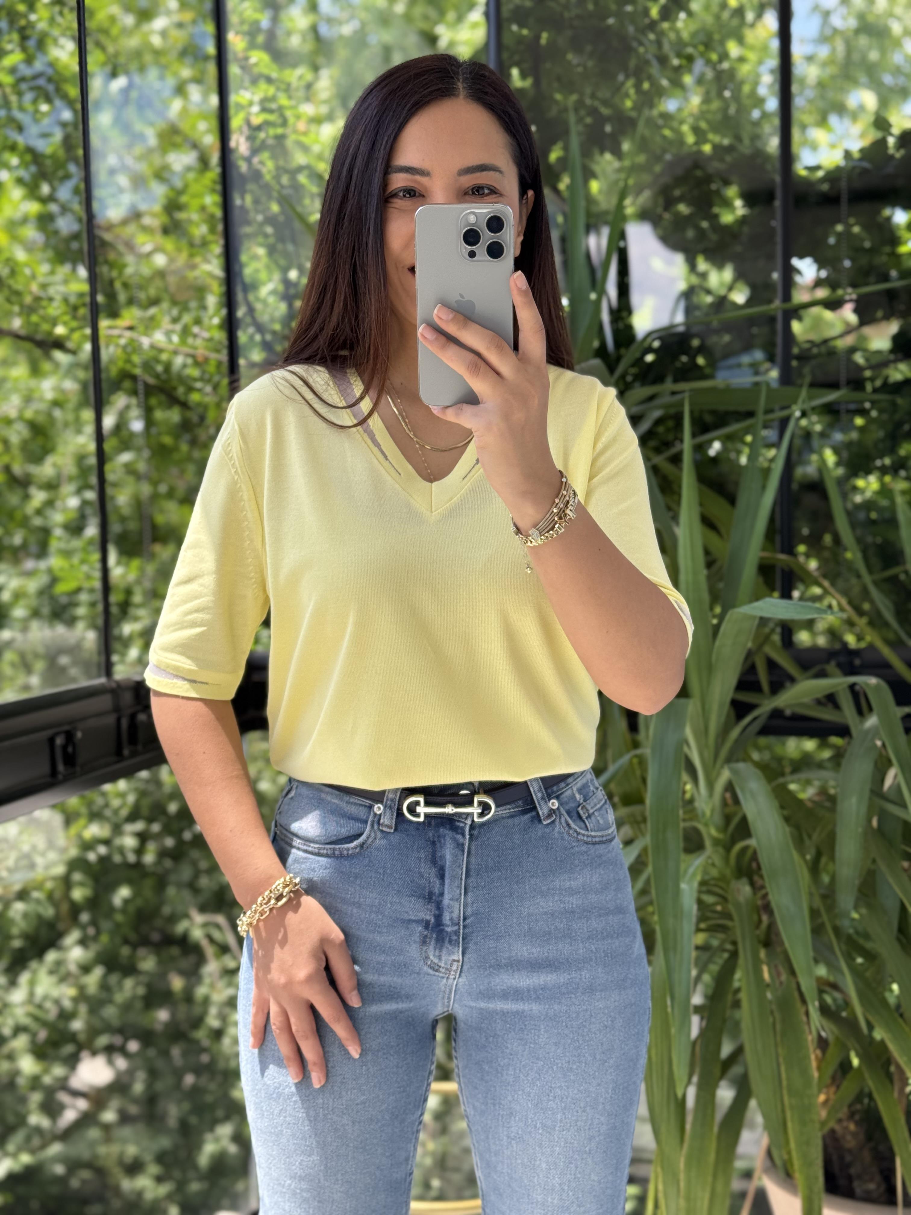 Yaka Ve Kol Özel Aksesuarlı Triko Bluz Sarı