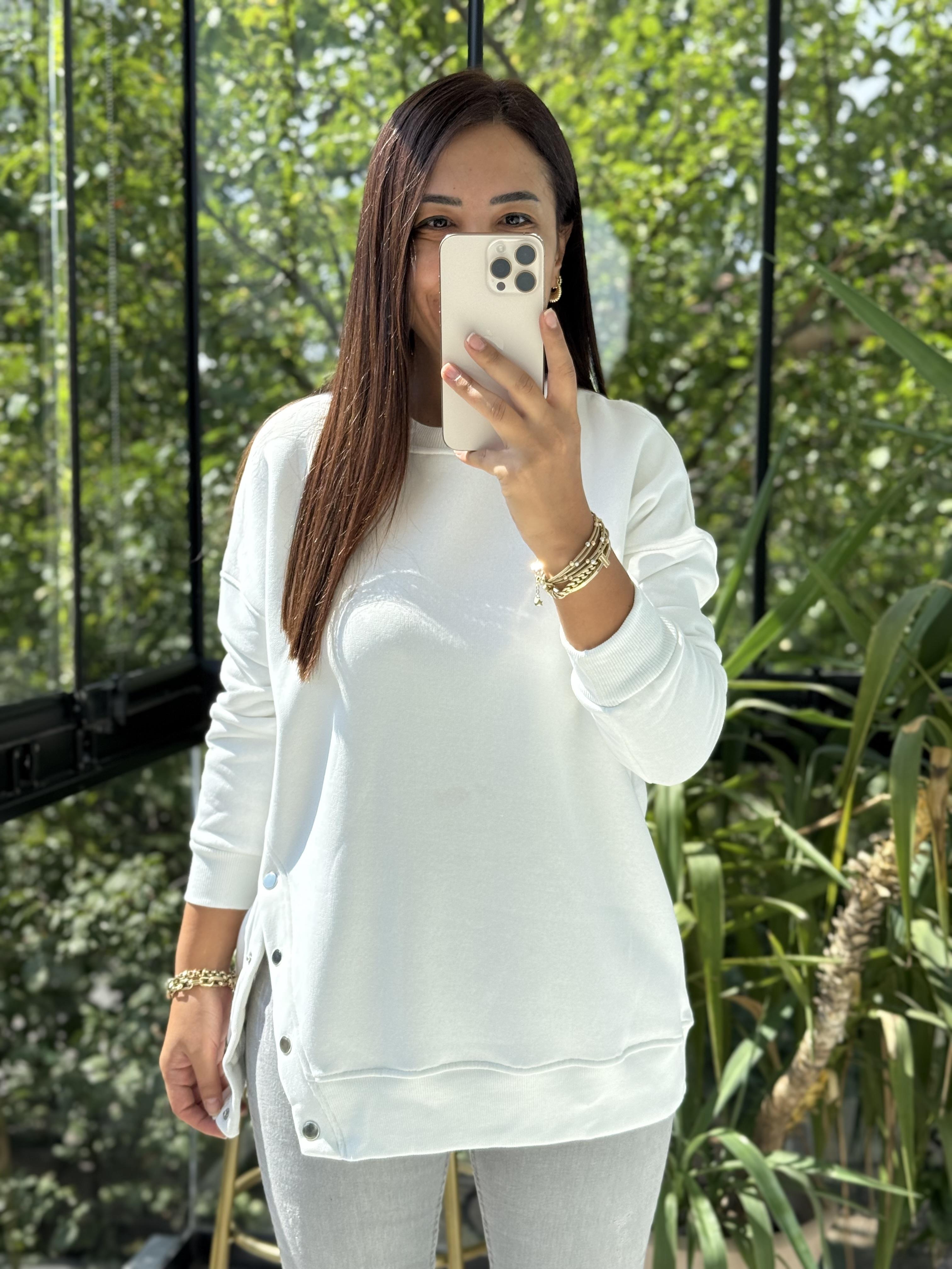 Yanı Çıtçıtlı Sweatshirt Beyaz 