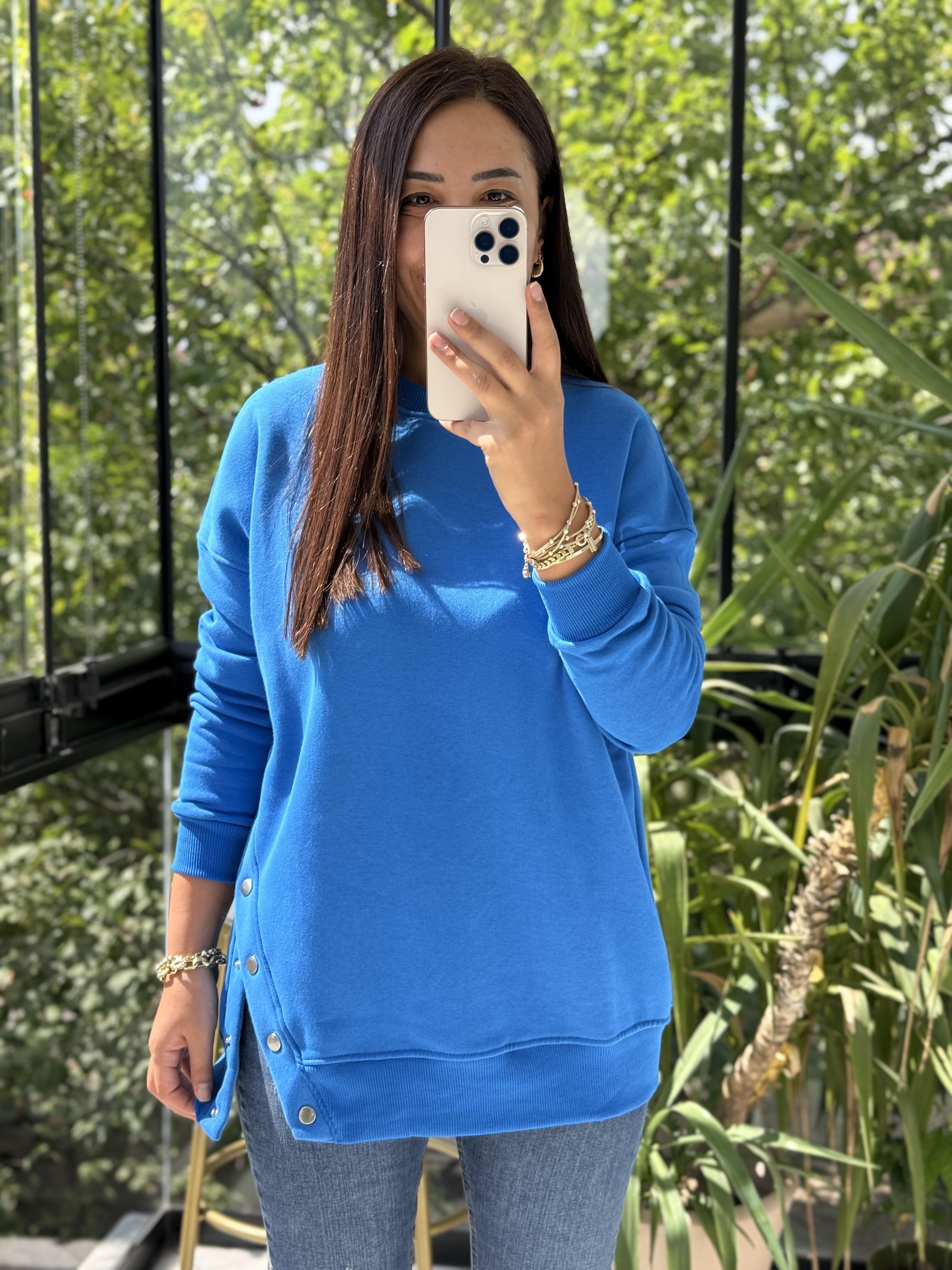 Yanı Çıtçıtlı Sweatshirt Sax Mavi