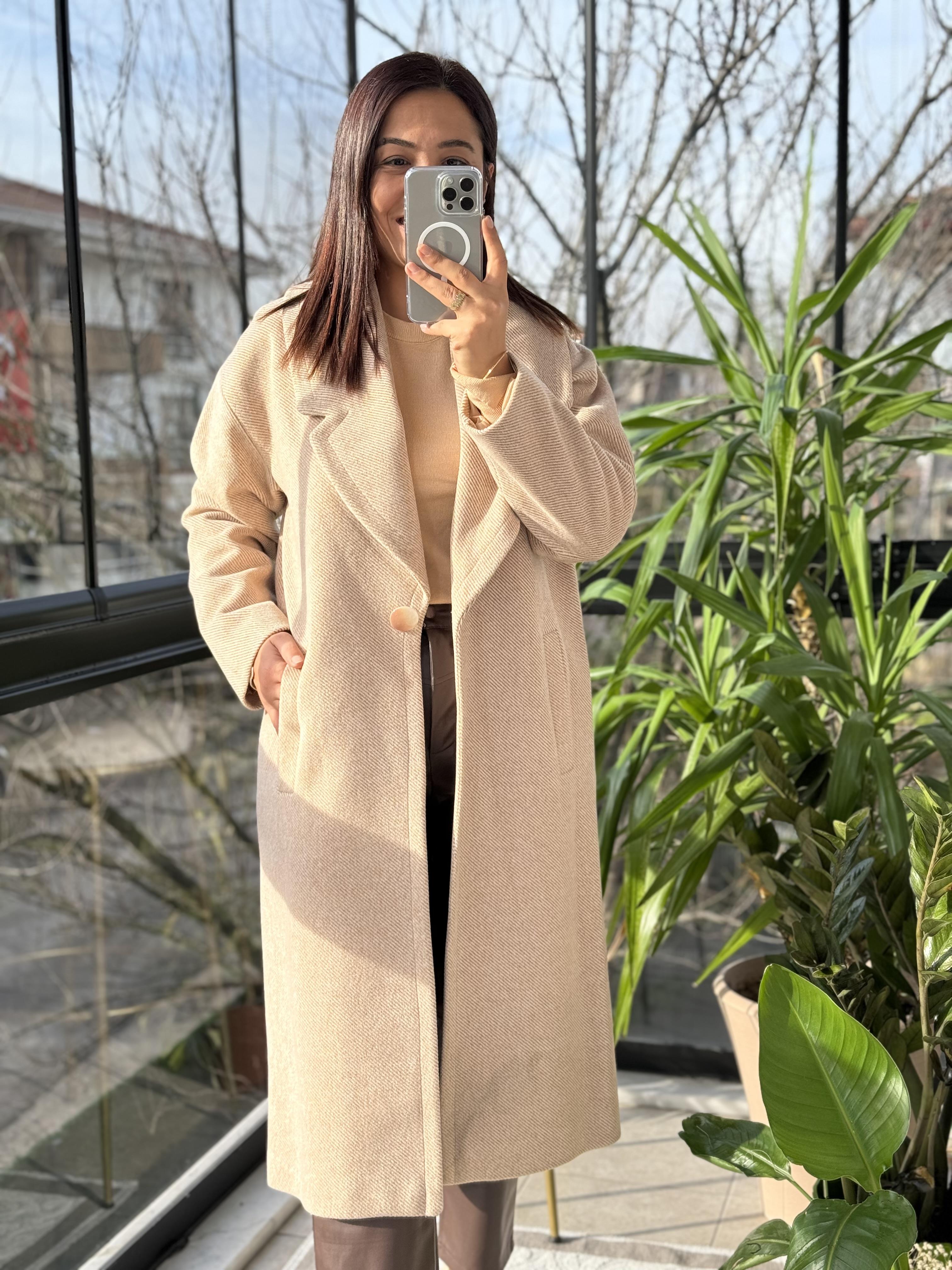 Yün Geniş Yaka Kaban Camel