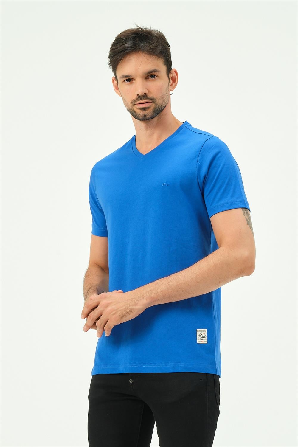 MSW Baskılı Erkek Regular Fit Sax V Yaka T-shirt