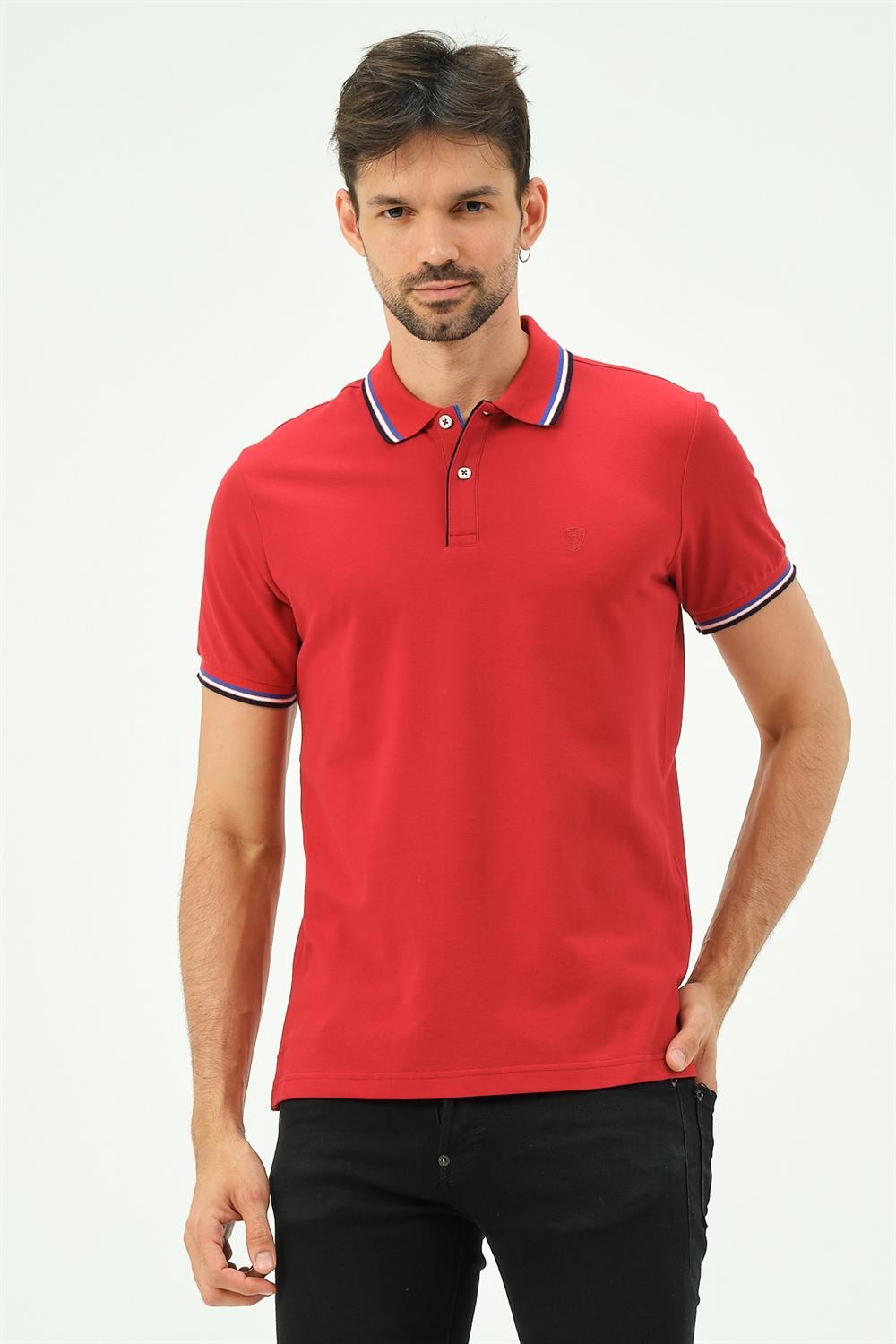MSW Çizgili Regular Fit Erkek Kırmızı Polo Yaka T-shirt