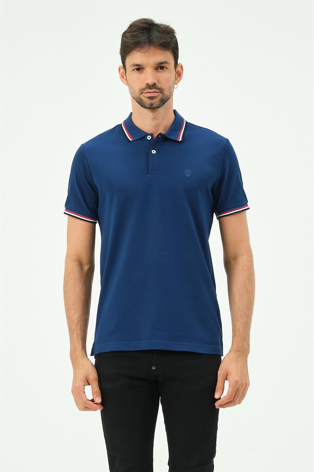 MSW Çizgili Regular Fit Erkek Marin Polo Yaka T-shirt
