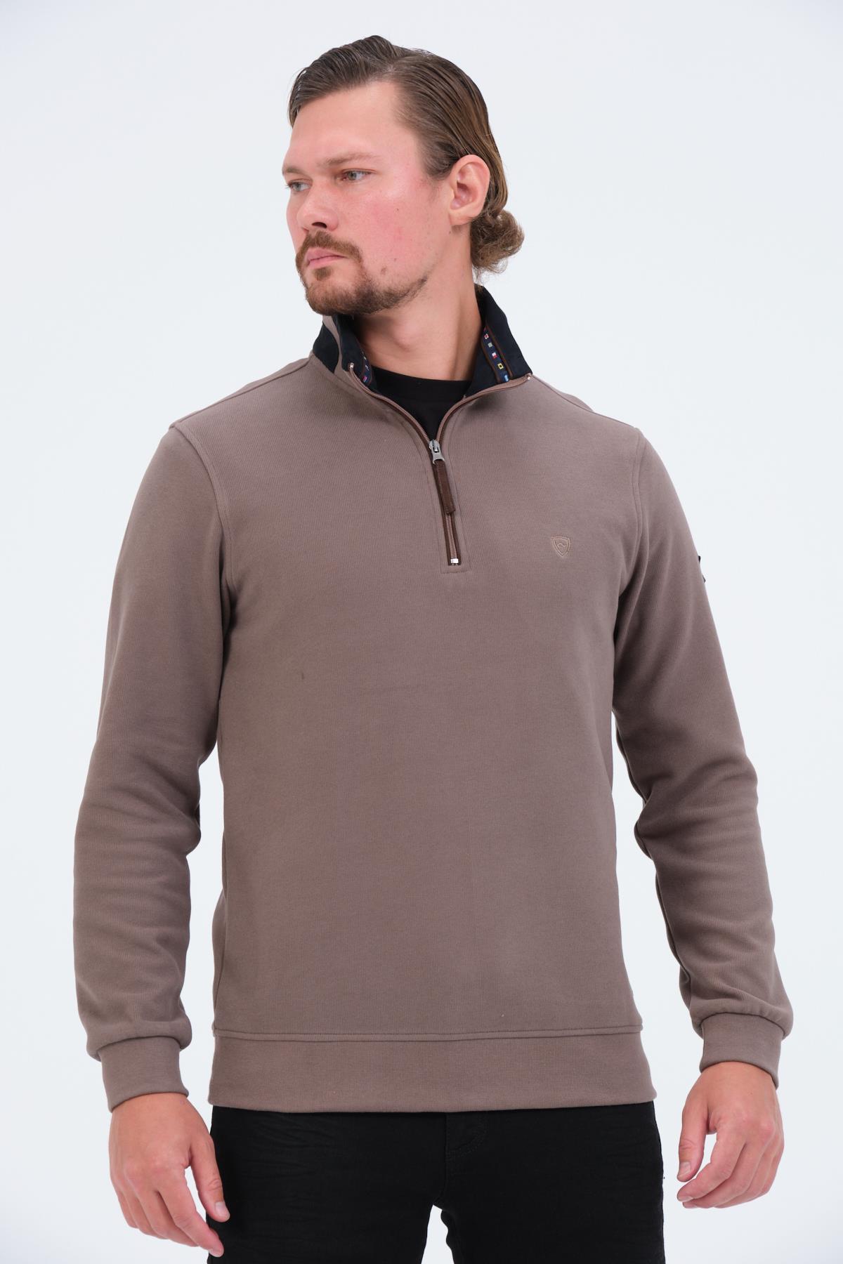 MSW Erkek Fermuarlı Süetli Regular Fit Vizon Sweatshirt