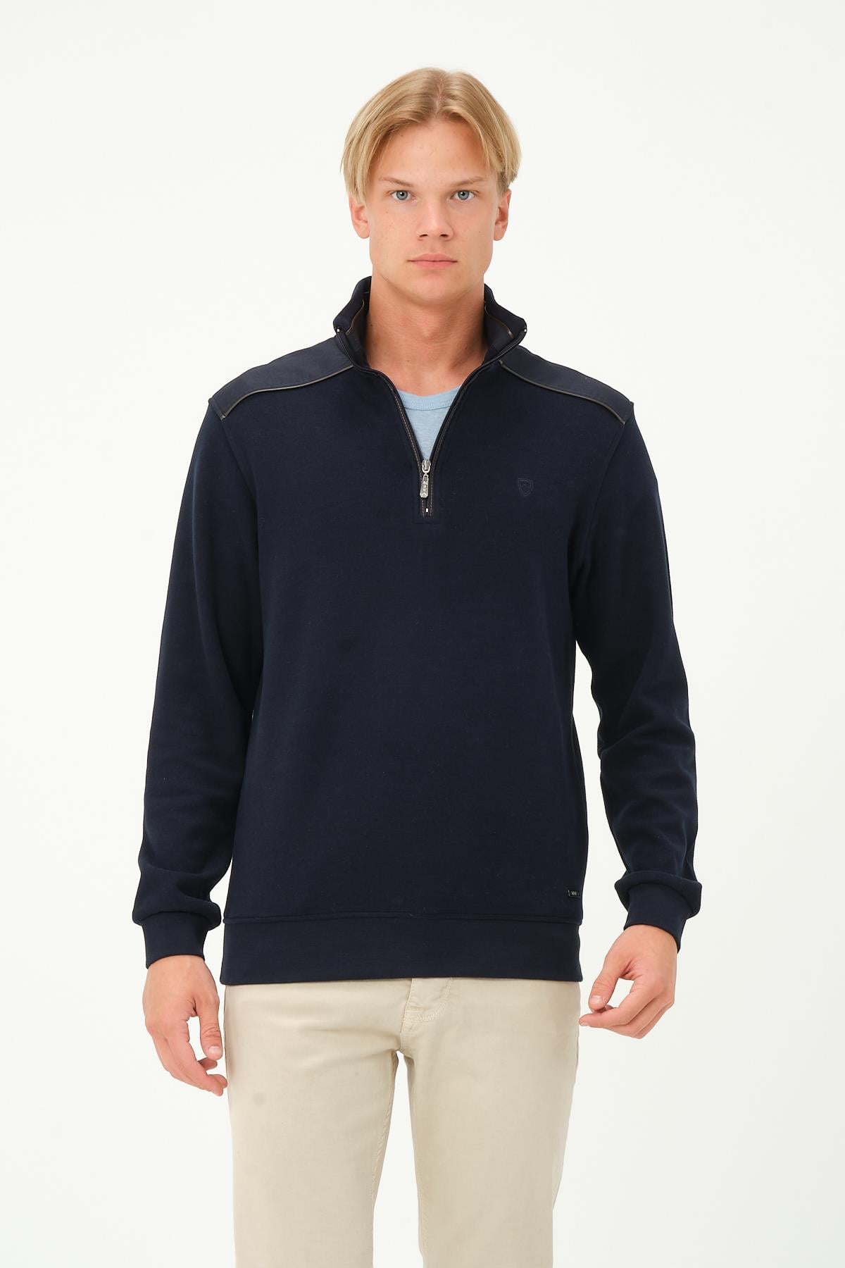 MSW Erkek Fermuarlı Süetli Regular Fit Lacivert Sweatshirt