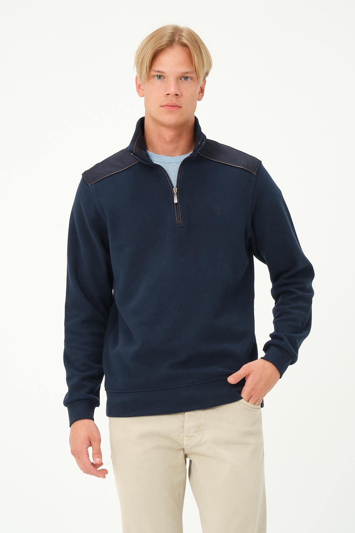 MSW Erkek Fermuarlı Süetli Regular Fit İndigo Sweatshirt