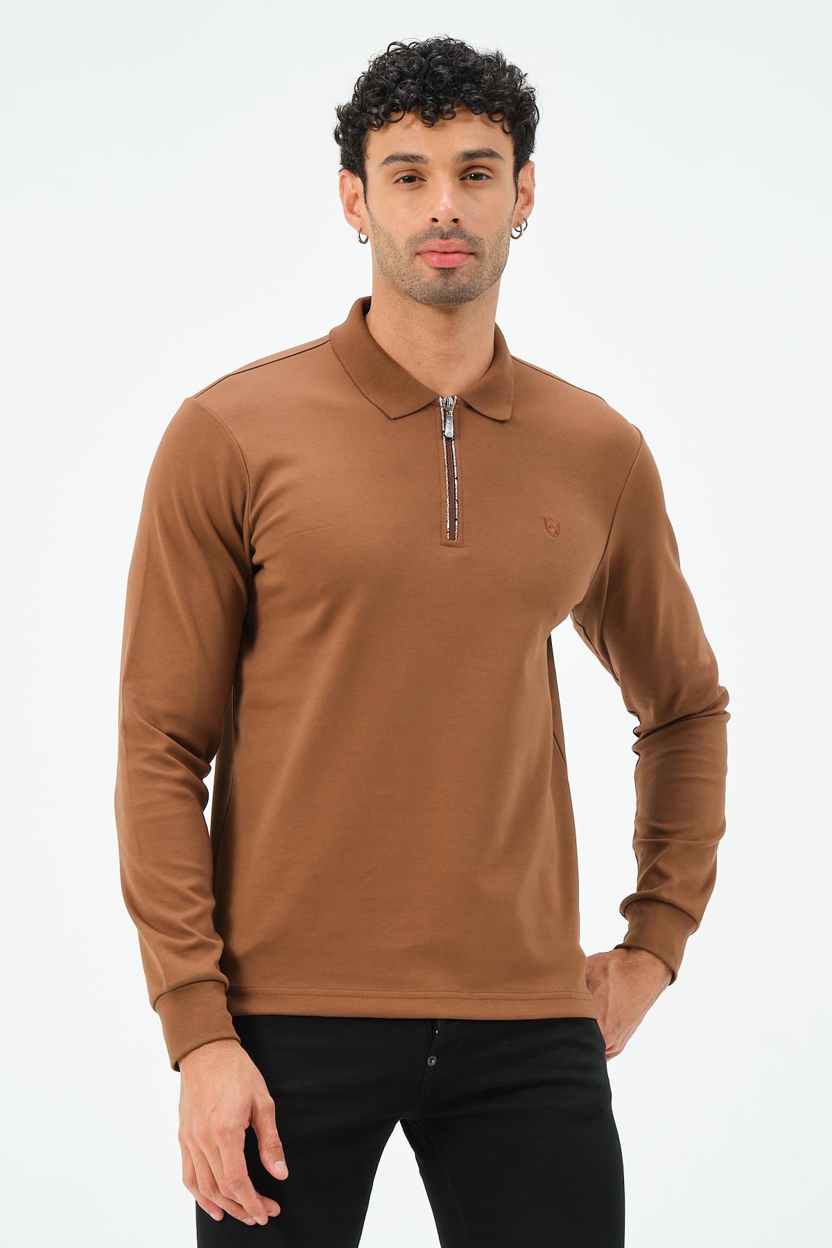 MSW Erkek Fermuarlı Uzun Kollu İnterlok Regular Fit Kahve Polo 