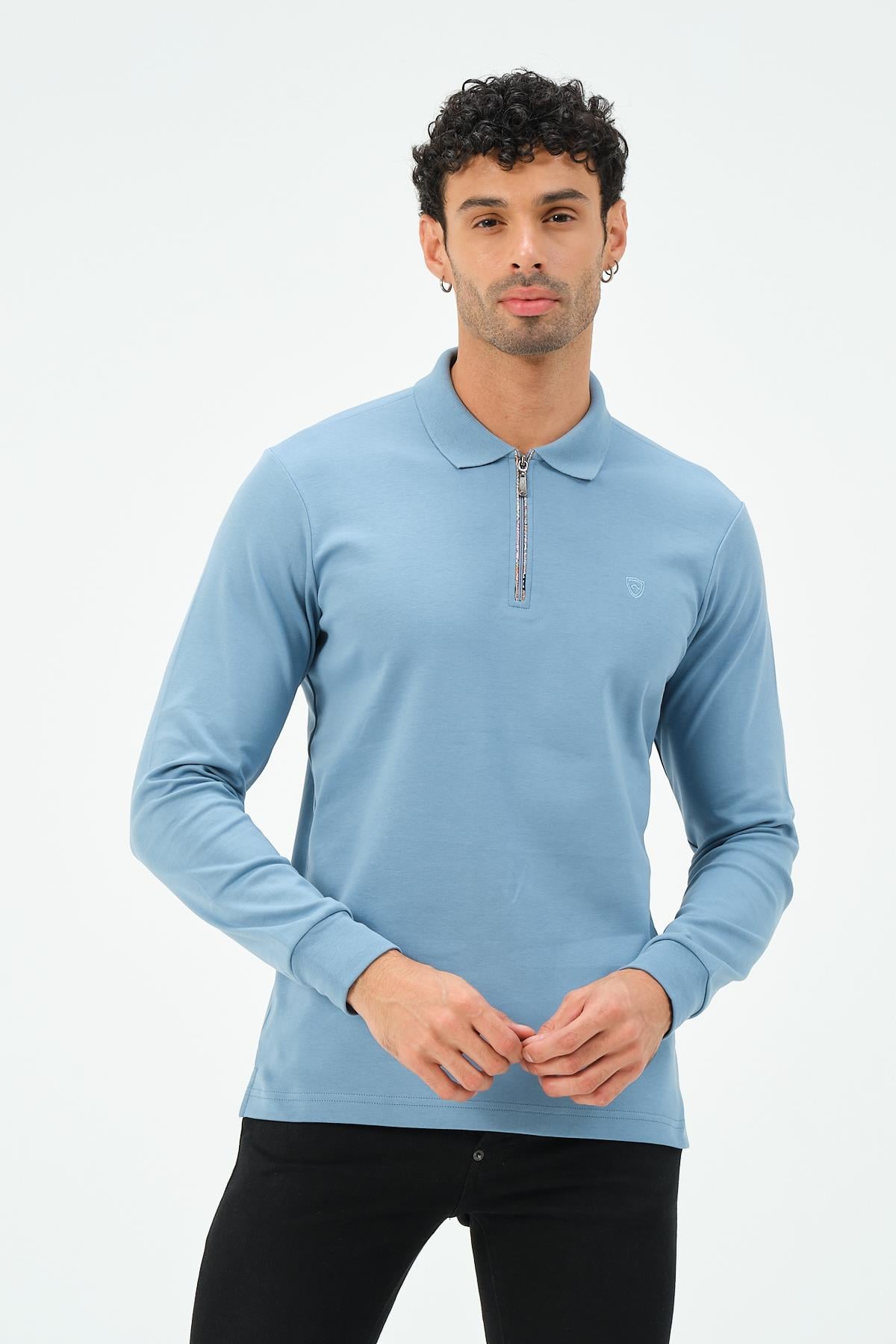 MSW Erkek Fermuarlı Uzun Kollu İnterlok Regular Fit Mavi Polo