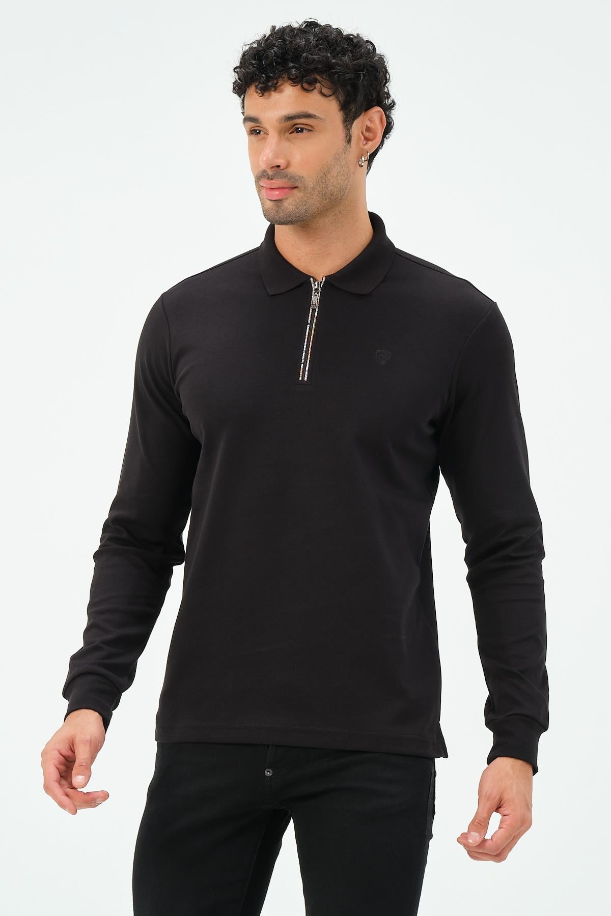 MSW Erkek Fermuarlı Uzun Kollu İnterlok Regular Fit Siyah Polo