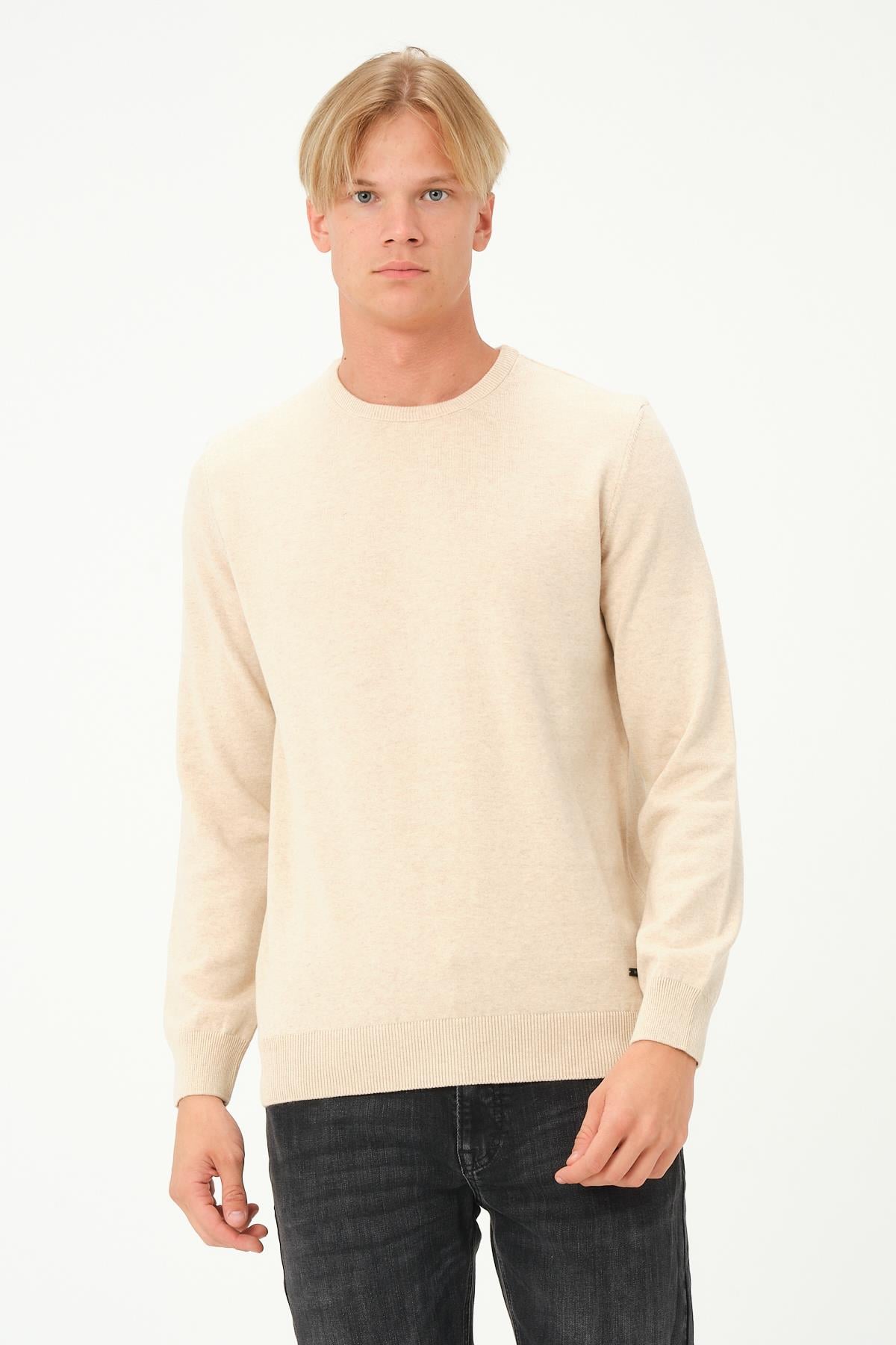 MSW Erkek Regular Fit Bisiklet Yaka Bej Triko