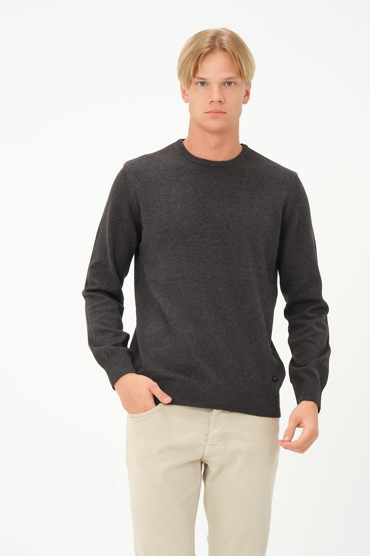 MSW Erkek Regular Fit Bisiklet Yaka Gri Melanj Triko