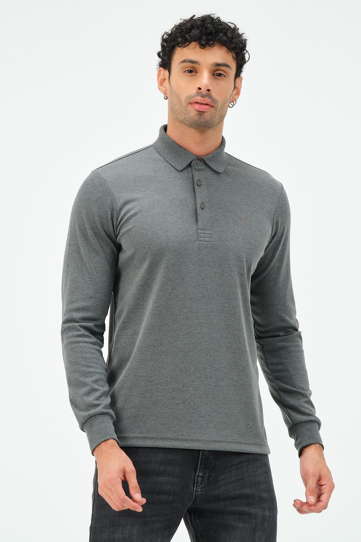 MSW Erkek Uzun Kollu İnterlok Regular Fit Gri Polo 