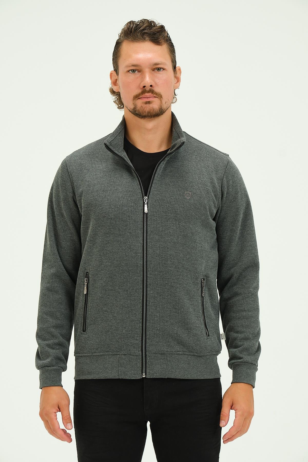 MSW Fermuarlı Deri Detaylı Regular Fit Erkek Gri Dik Yaka Hırka