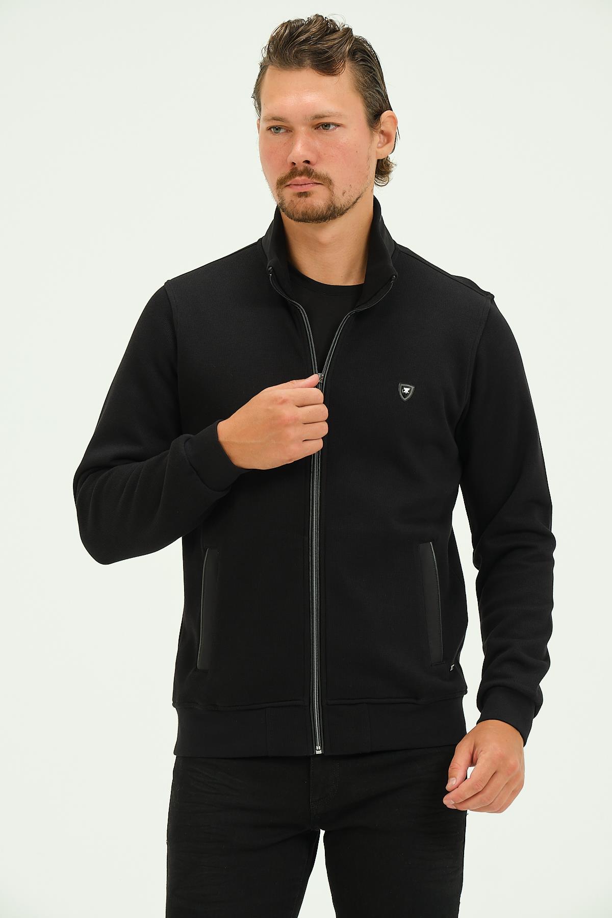 MSW Fermuarlı Deri Detaylı Regular Fit Erkek Lacivert Dik Yaka Hırka