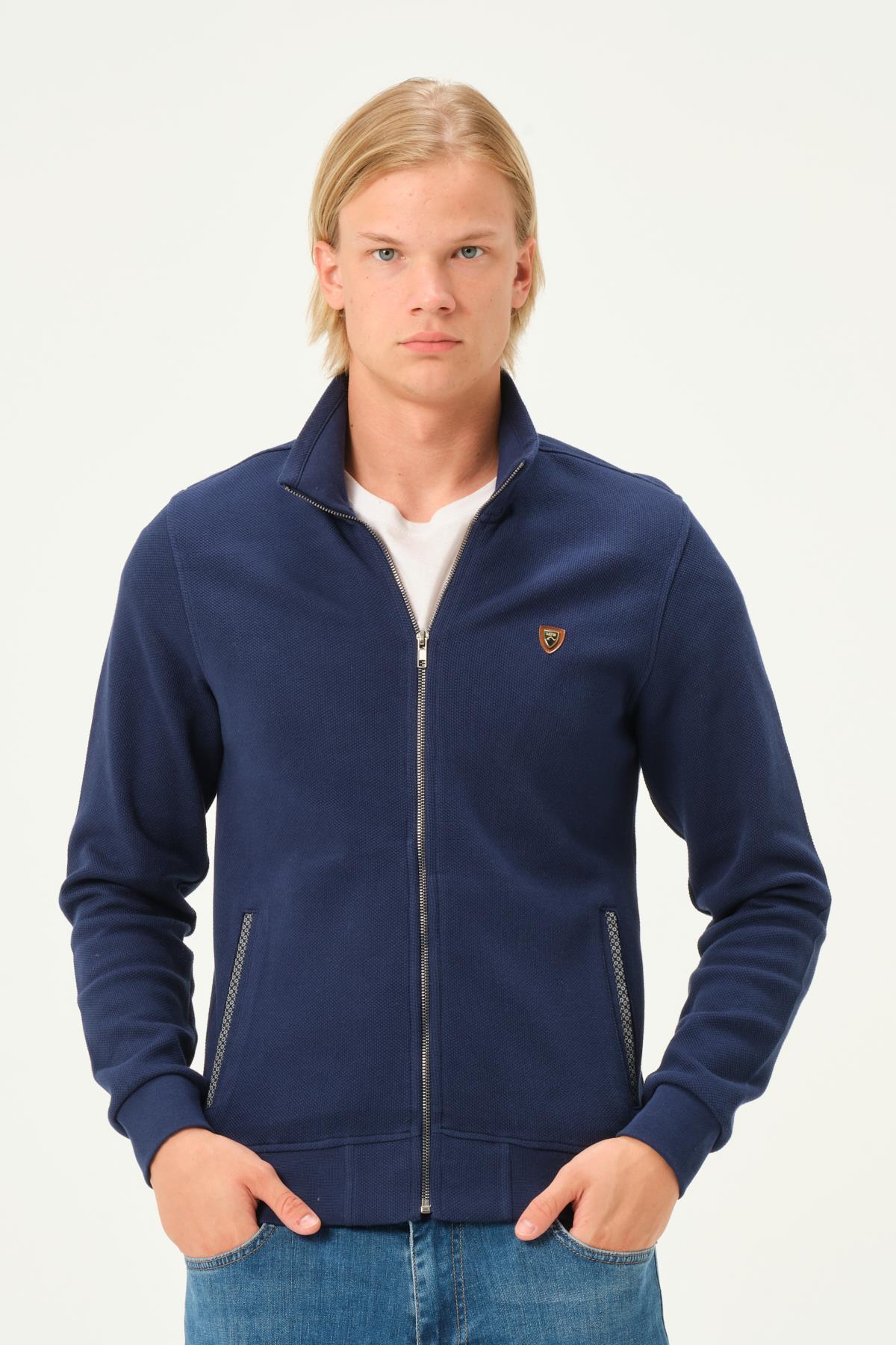 MSW Fermuarlı Double Face Regular Fit Erkek Marin Dik Yaka Hırka