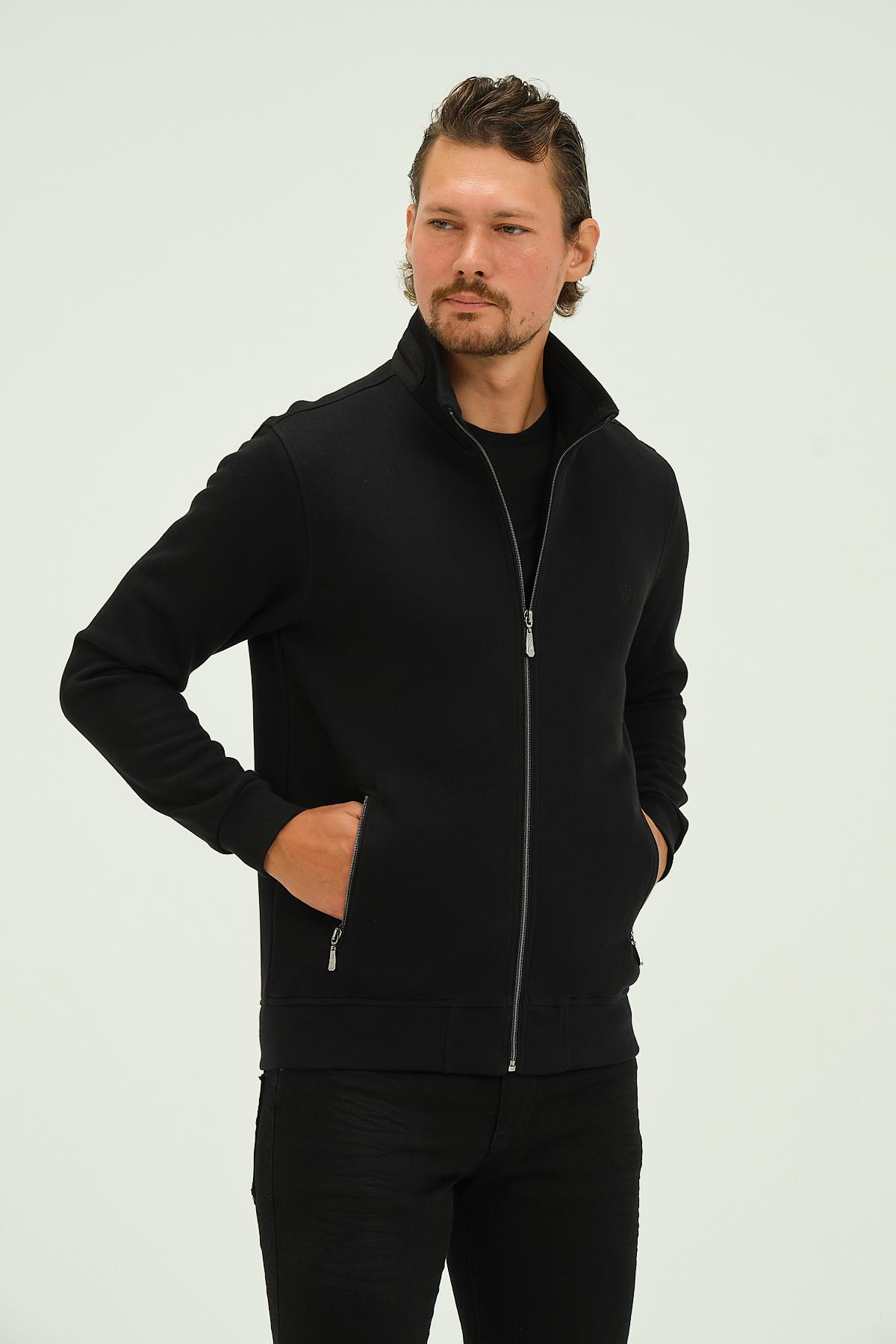 MSW Fermuarlı Regular Fit Deri Detaylı Uzun Kollu Erkek Siyah Selanik Sweatshirt