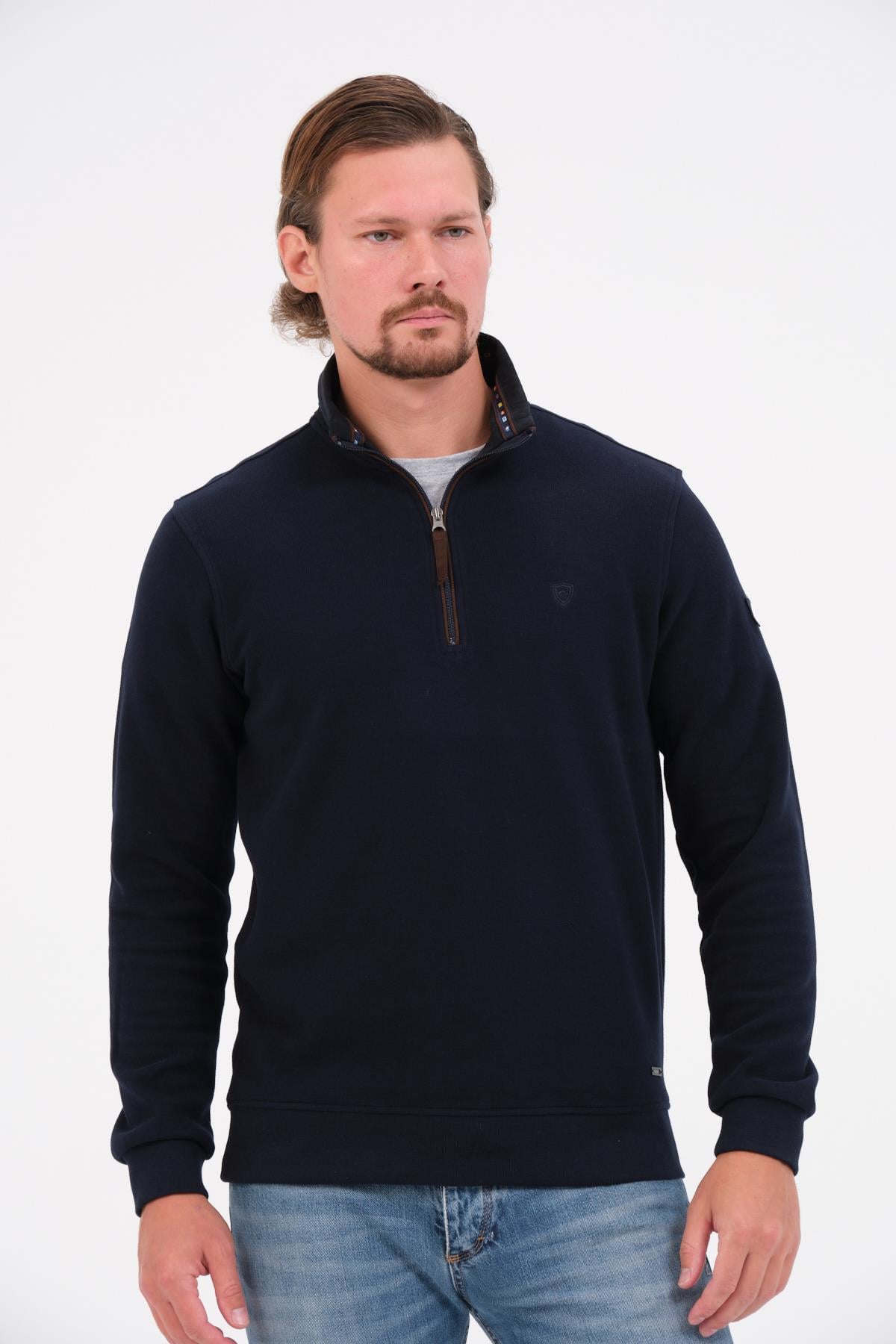 MSW Fermuarlı Regular Fit Deri Detaylı Uzun Kollu Erkek Siyah Selanik Sweatshirt