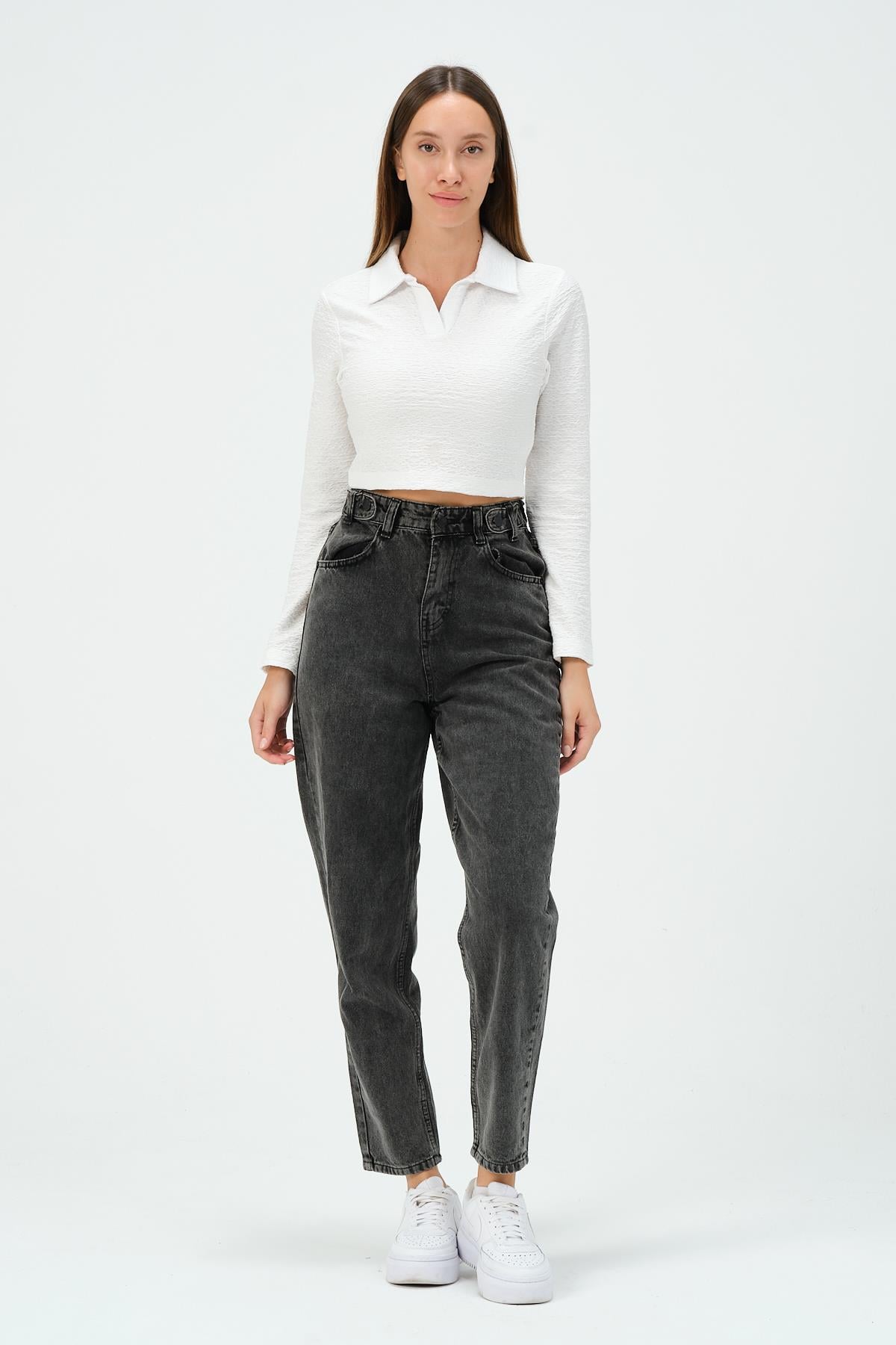 MSW Kadın Regular Fit Uzun Kollu Beyaz Yakalı Crop Bluz