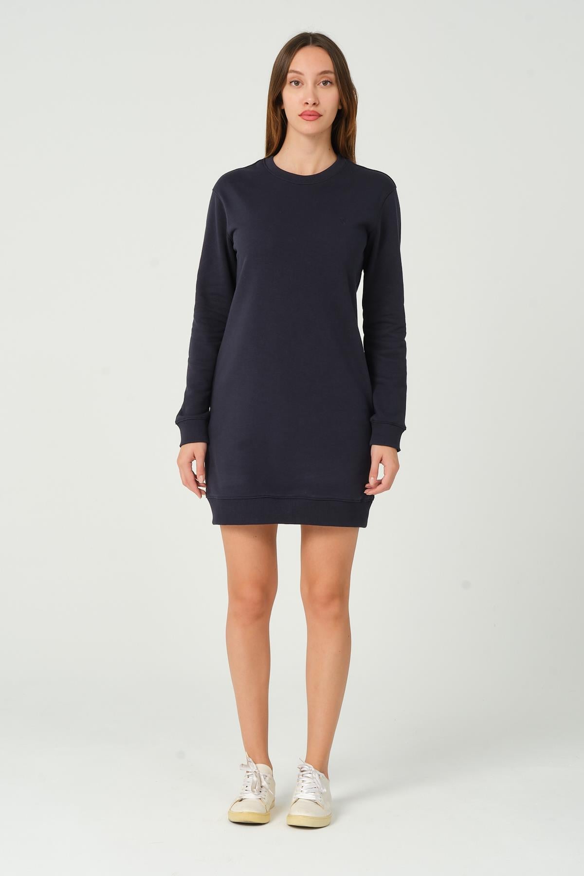 MSW Kadın Regular Fit Uzun Kollu Bisiklet Yaka Lacivert Elbise