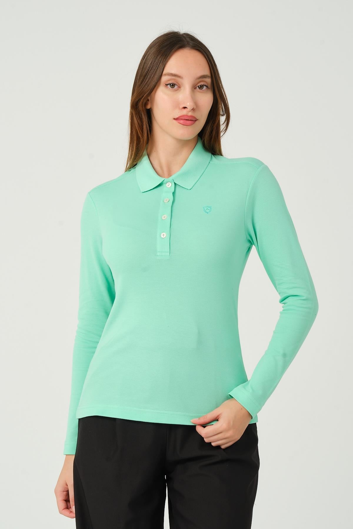 MSW Kadın Regular Fit Uzun Kollu Mint Polo